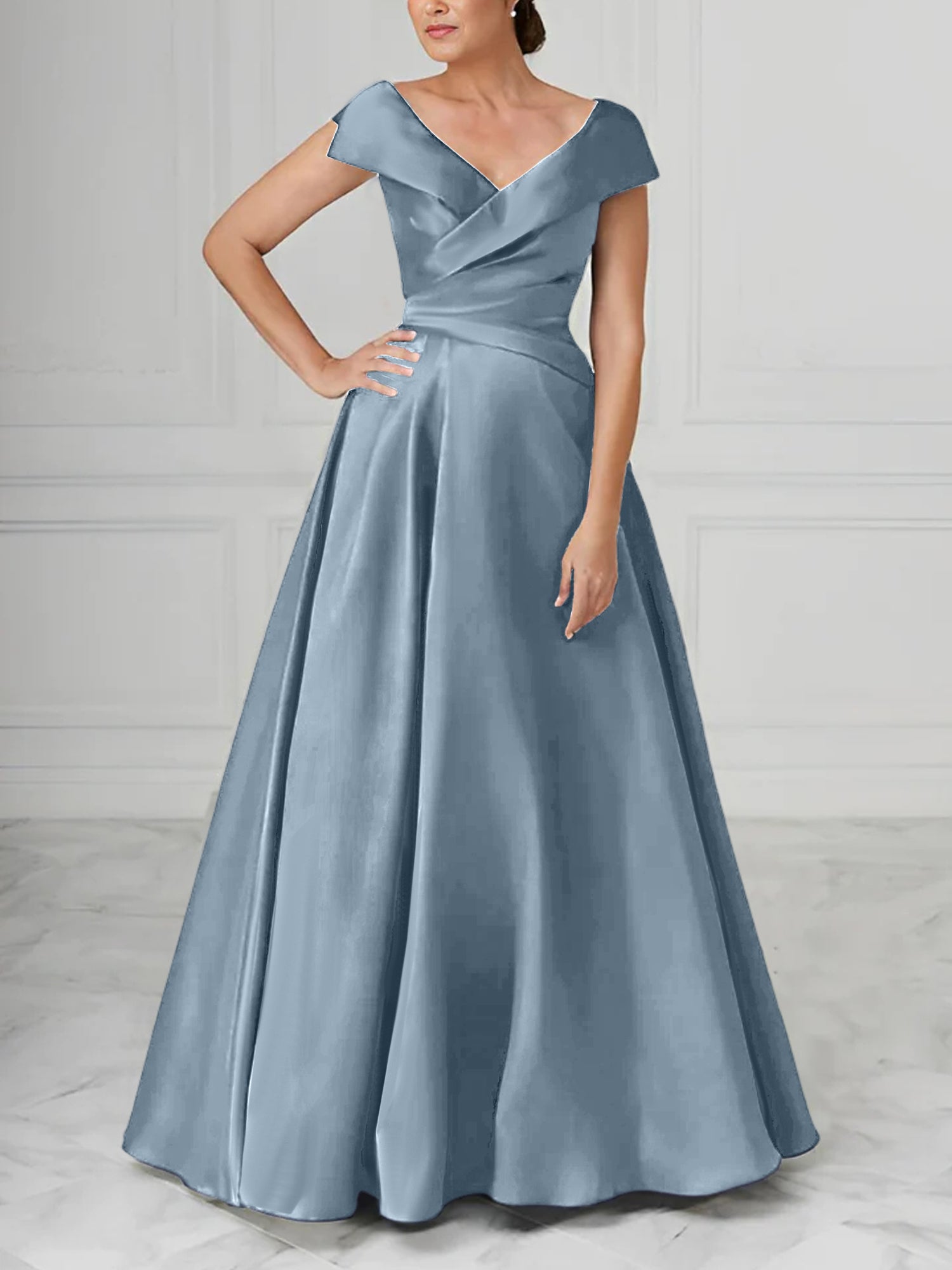 V Neck Satin A Line Mother of the Bride Dresses with Ruched Details