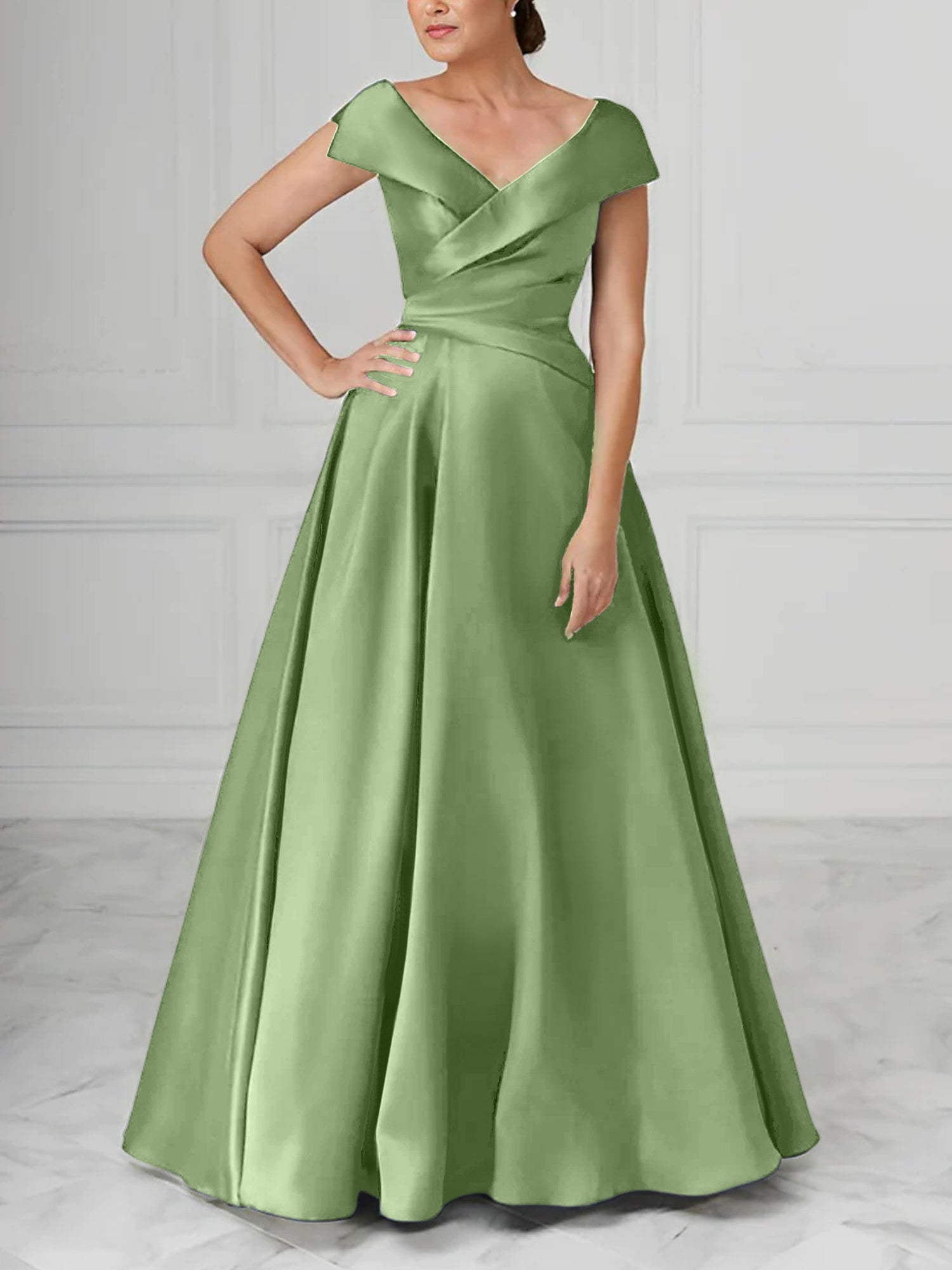 V Neck Satin A Line Mother of the Bride Dresses with Ruched Details
