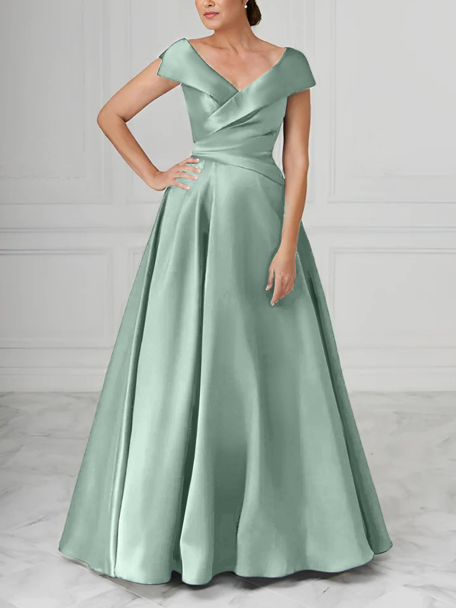 V Neck Satin A Line Mother of the Bride Dresses with Ruched Details