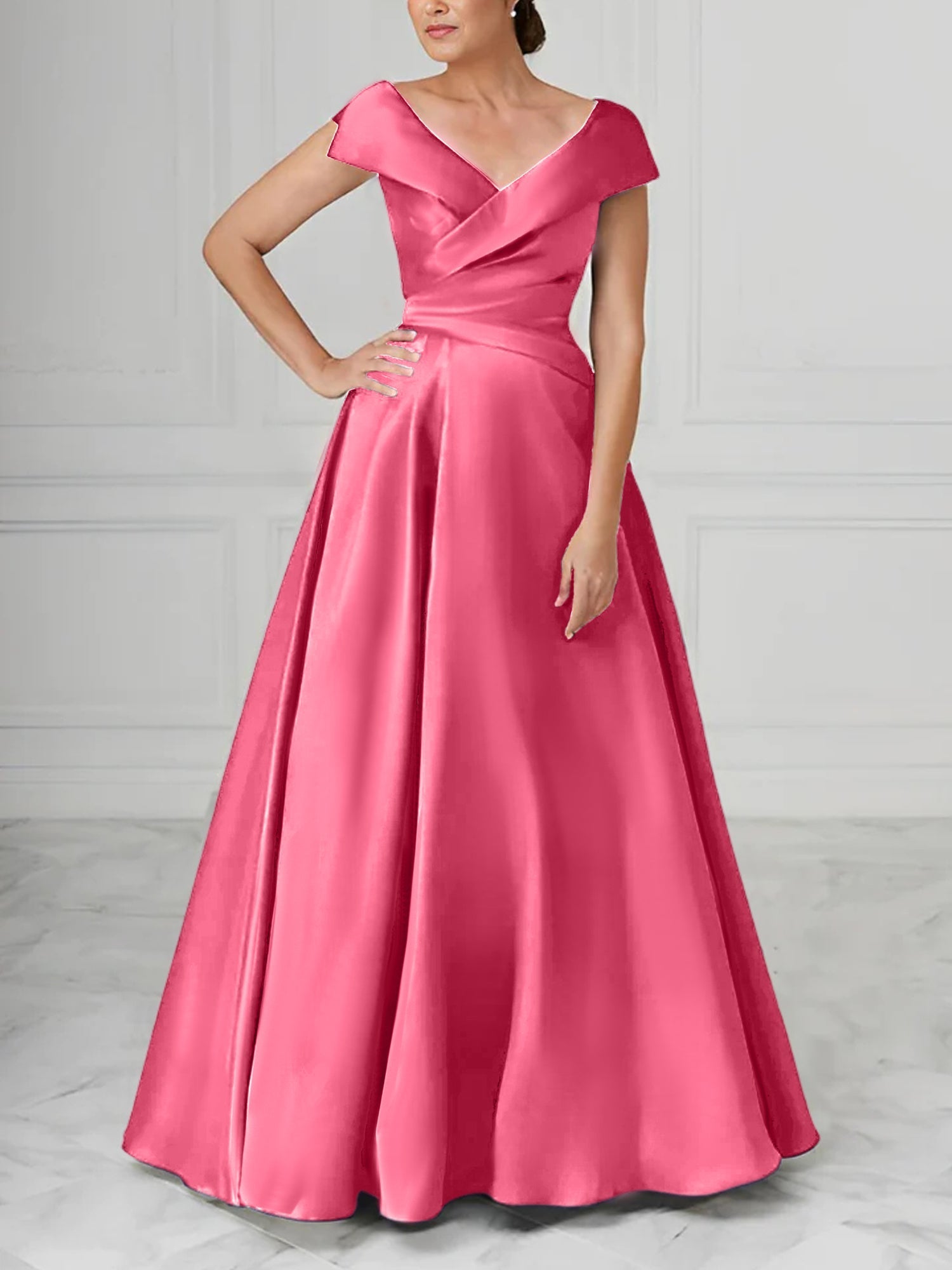 V Neck Satin A Line Mother of the Bride Dresses with Ruched Details