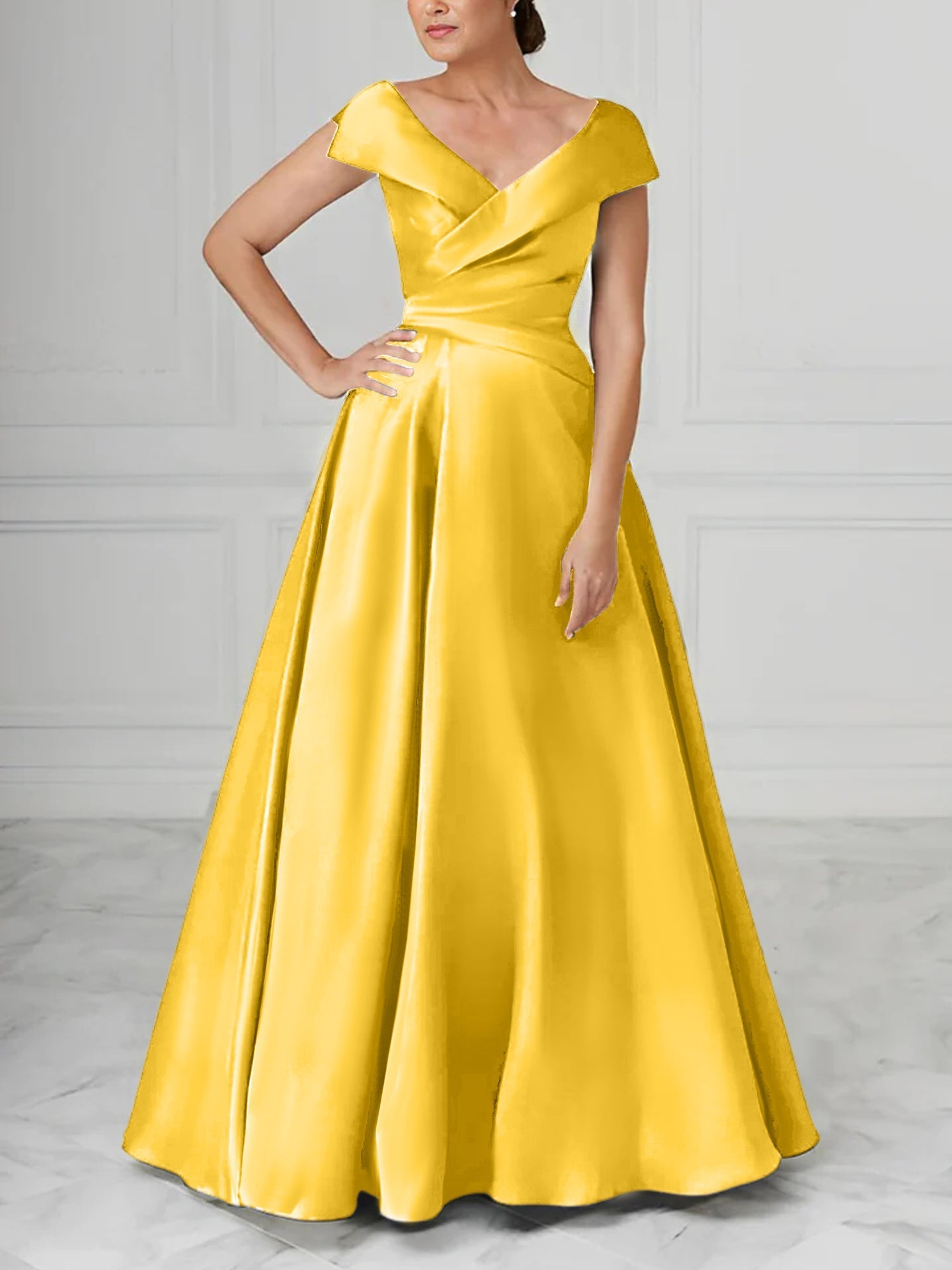V Neck Satin A Line Mother of the Bride Dresses with Ruched Details