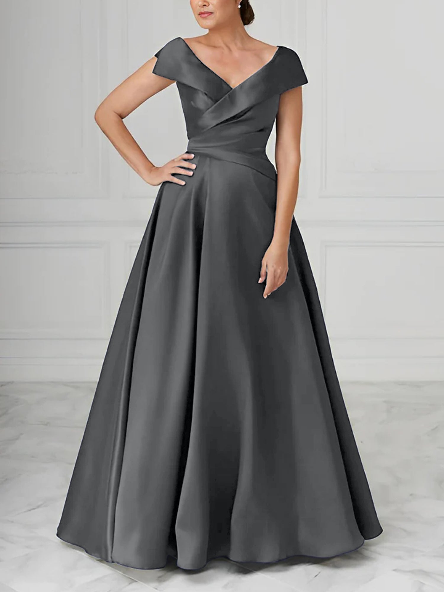 V Neck Satin A Line Mother of the Bride Dresses with Ruched Details