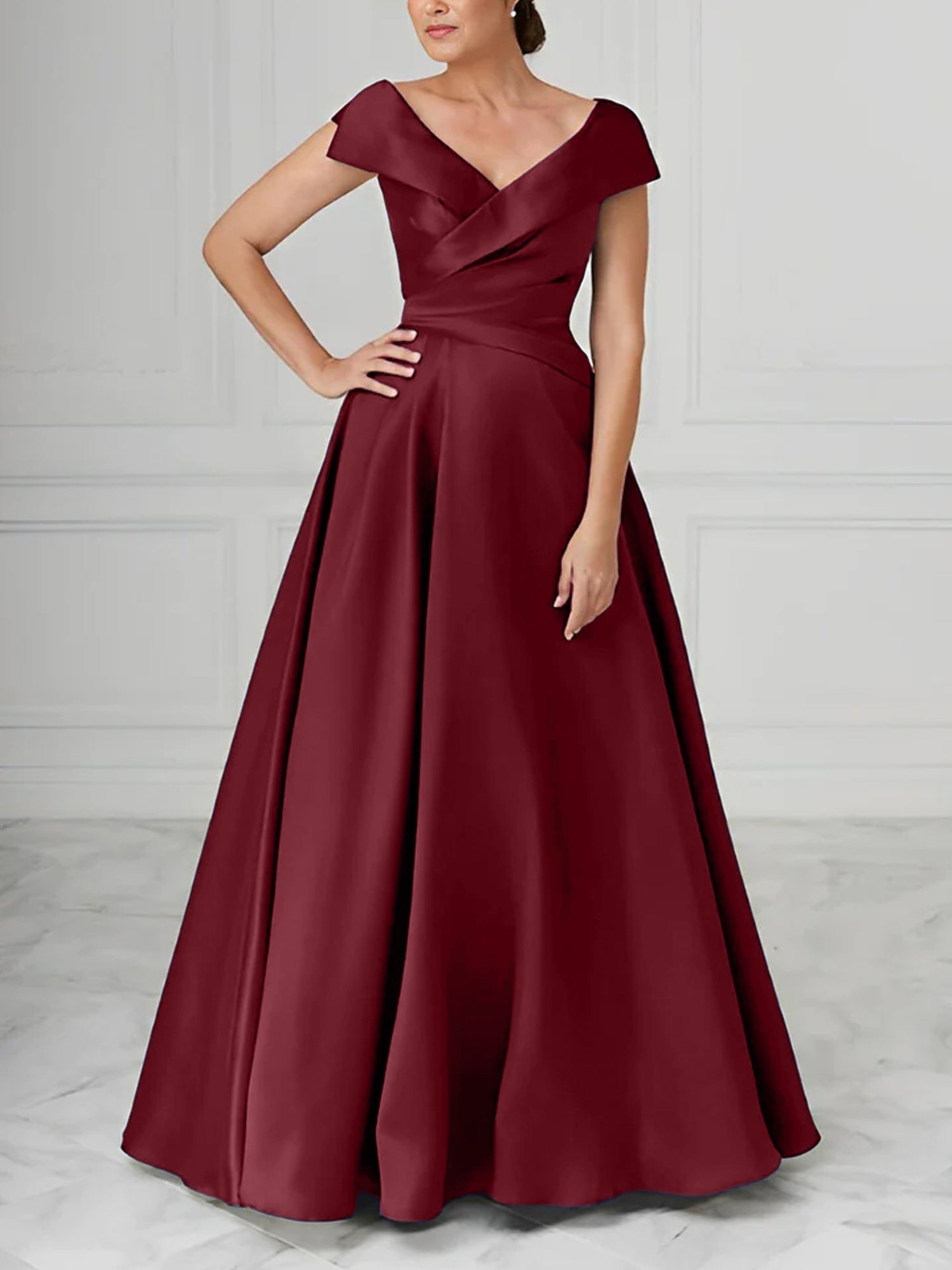 V Neck Satin A Line Mother of the Bride Dresses with Ruched Details