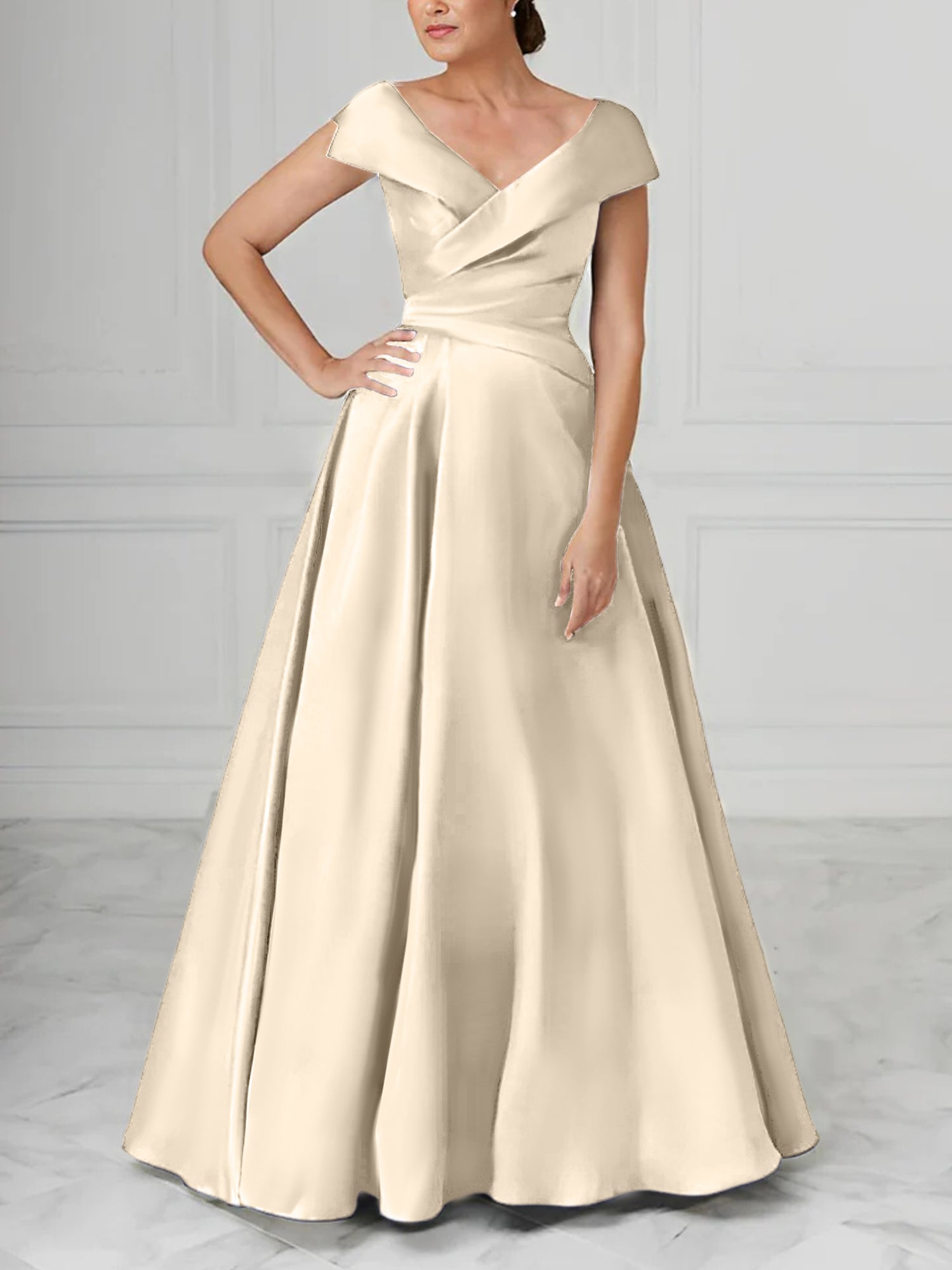 V Neck Satin A Line Mother of the Bride Dresses with Ruched Details
