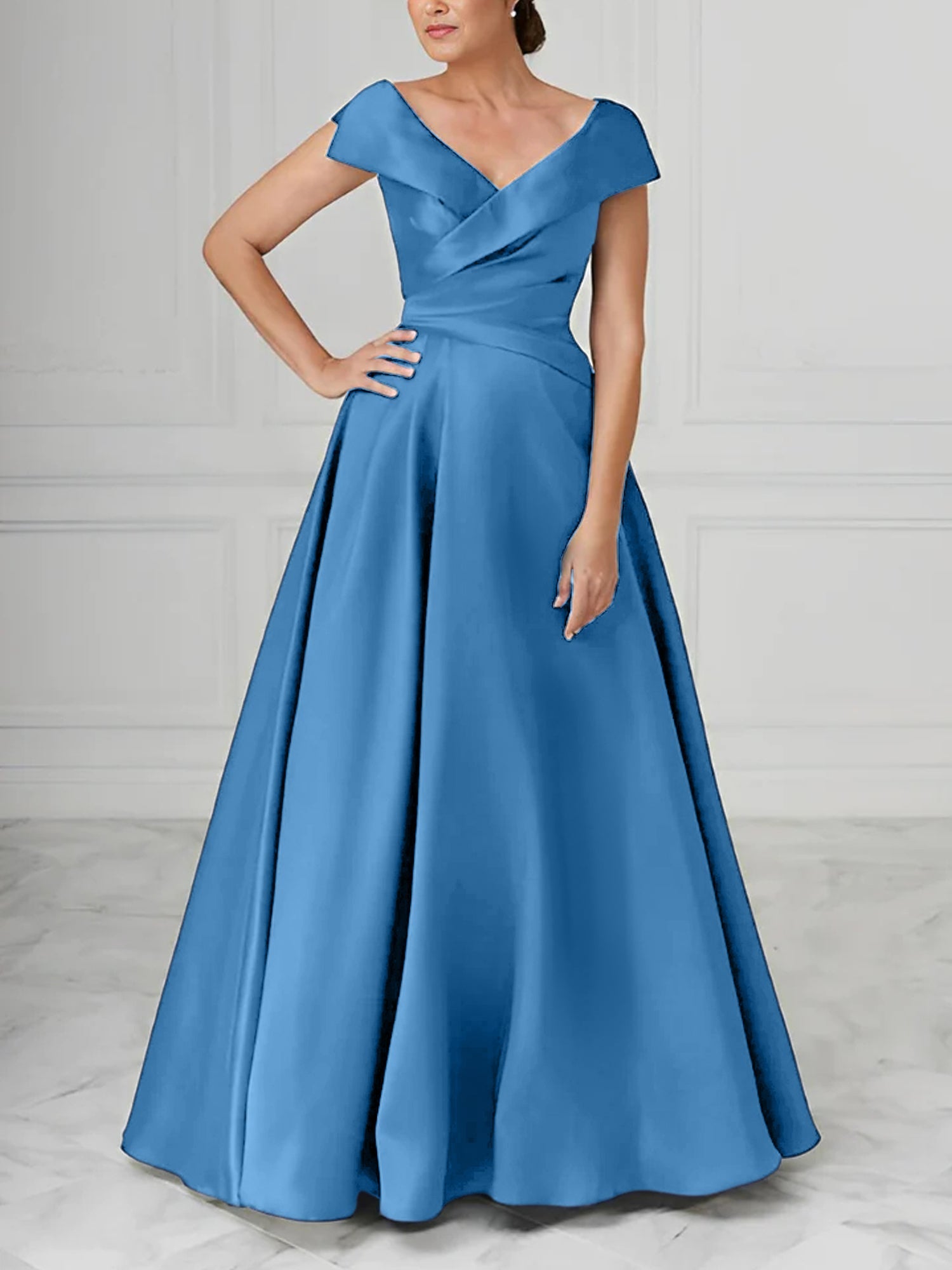 V Neck Satin A Line Mother of the Bride Dresses with Ruched Details