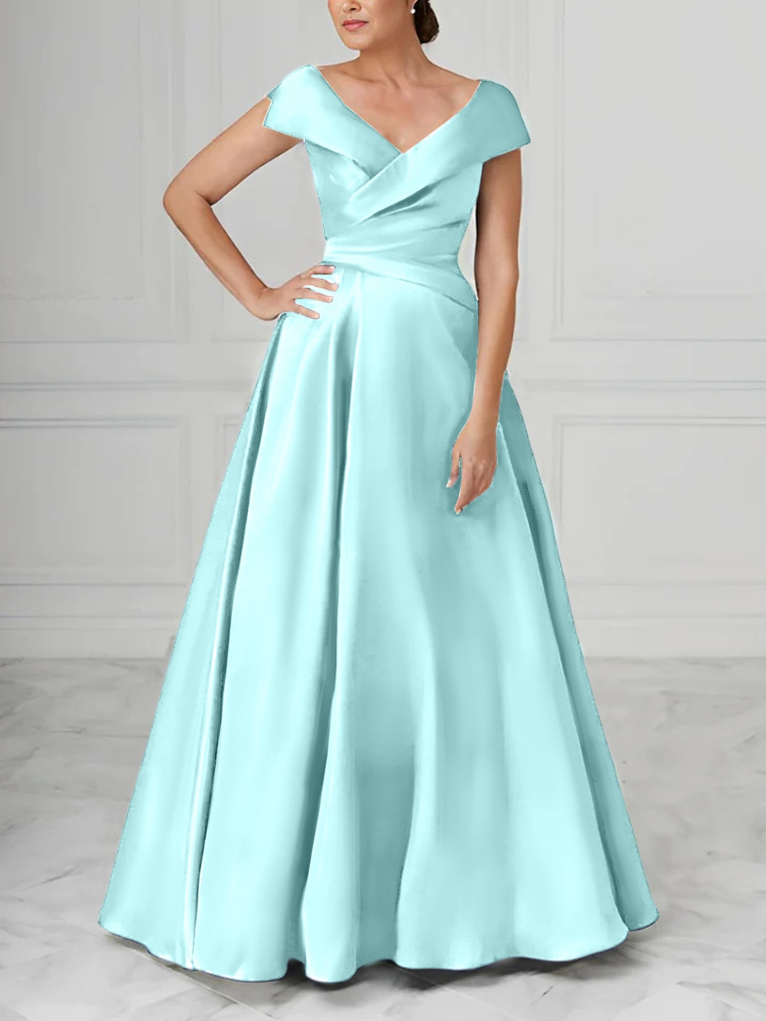 V Neck Satin A Line Mother of the Bride Dresses with Ruched Details