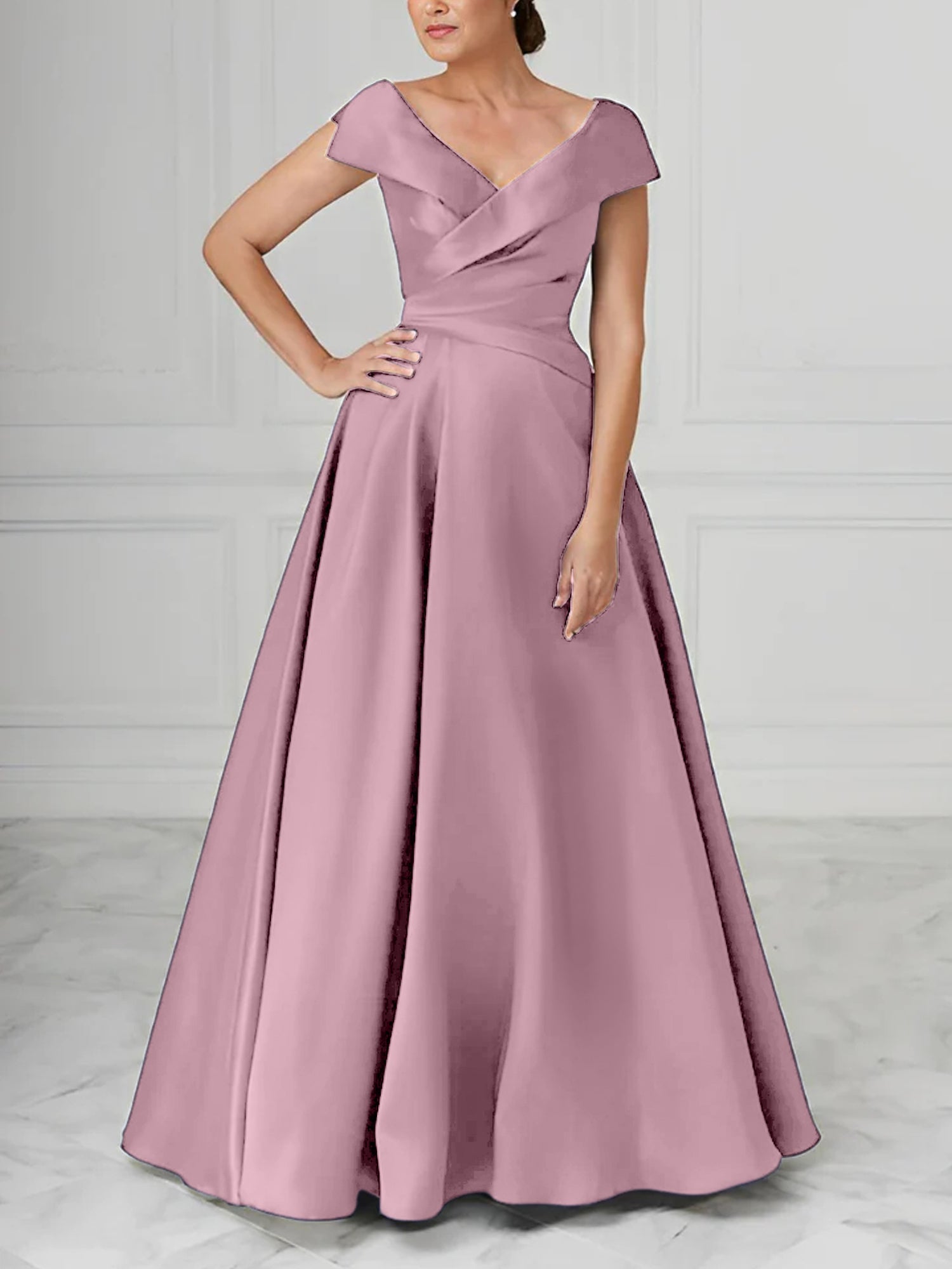 V Neck Satin A Line Mother of the Bride Dresses with Ruched Details
