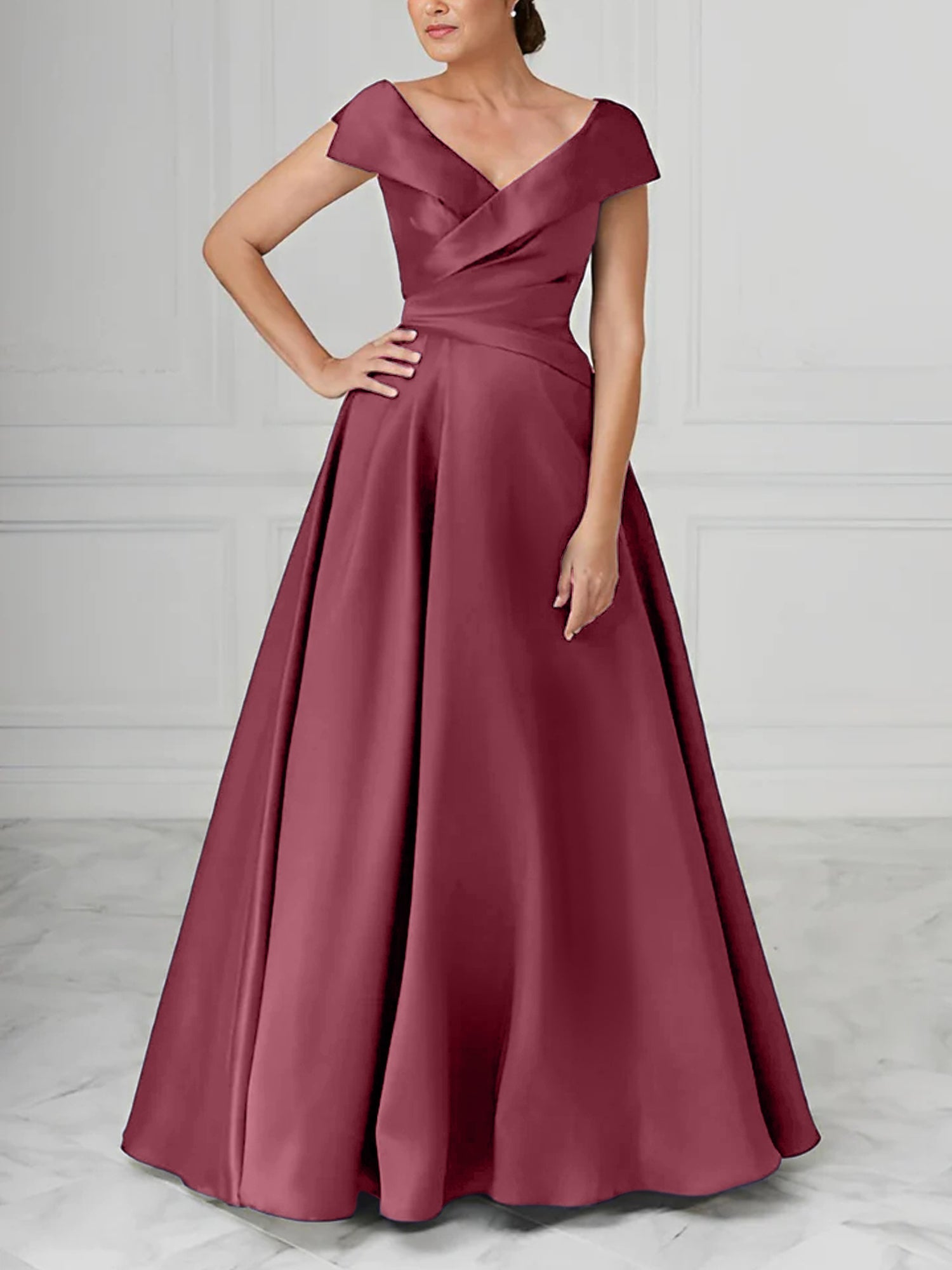 V Neck Satin A Line Mother of the Bride Dresses with Ruched Details