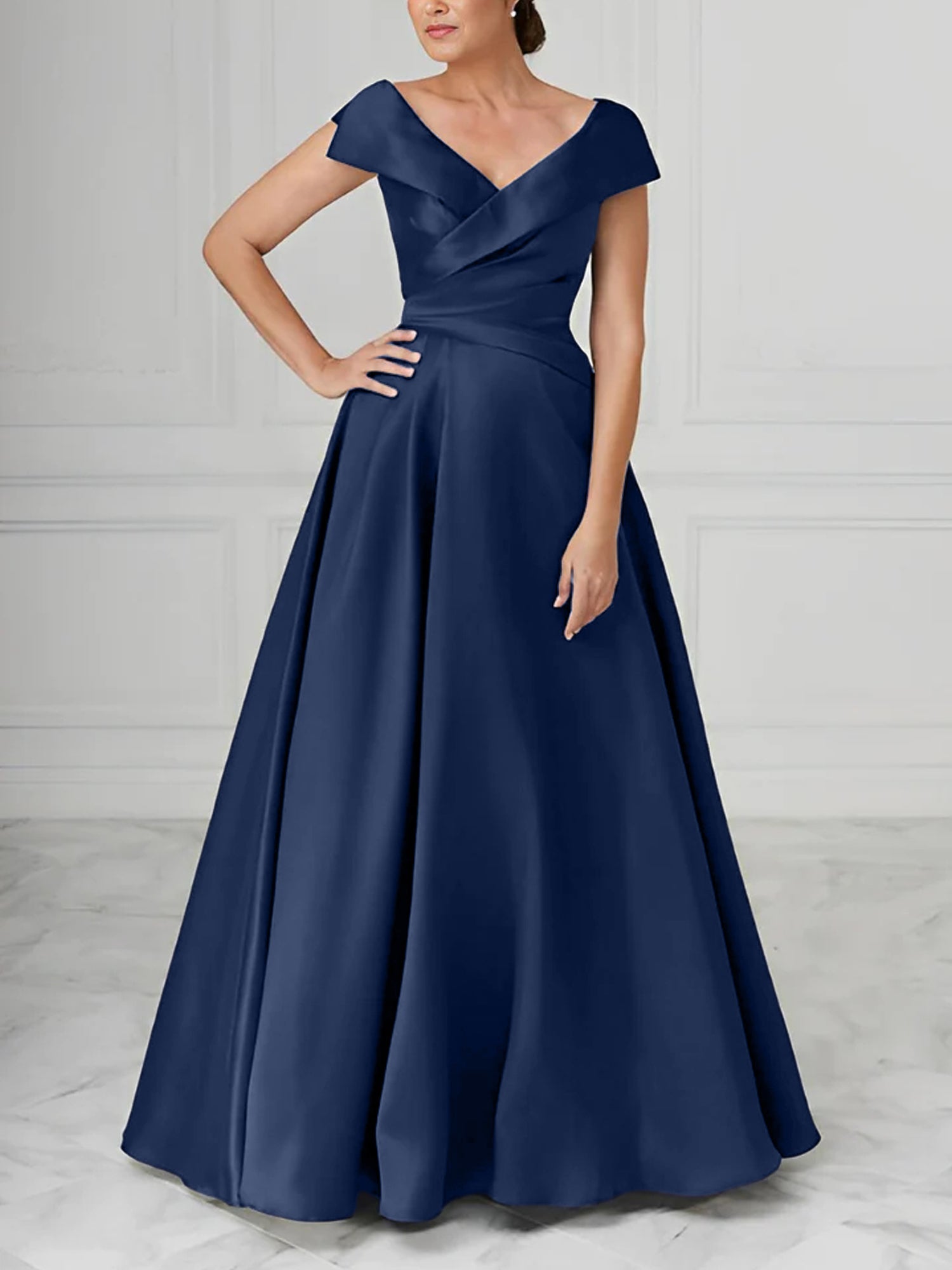 V Neck Satin A Line Mother of the Bride Dresses with Ruched Details