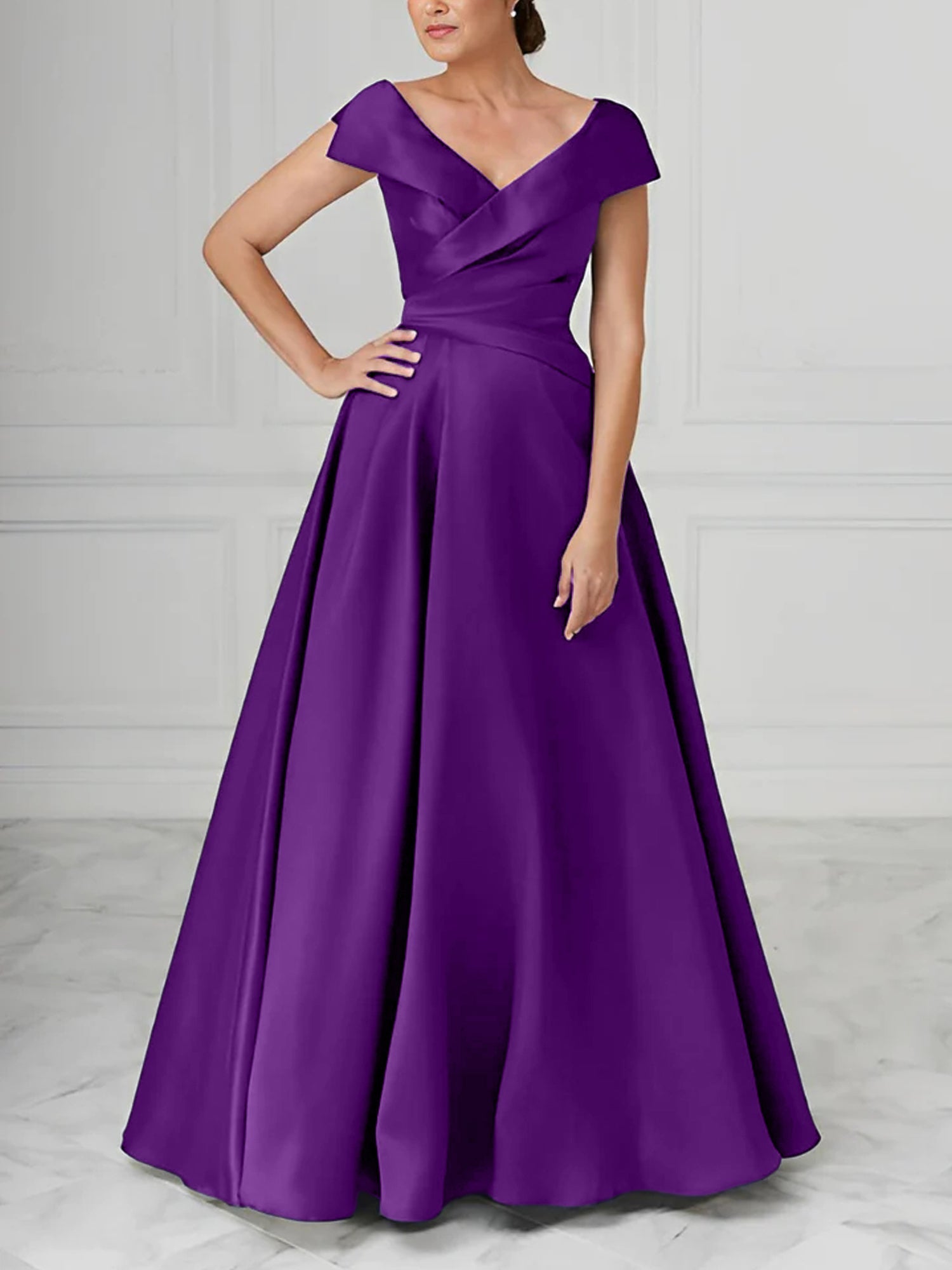 V Neck Satin A Line Mother of the Bride Dresses with Ruched Details