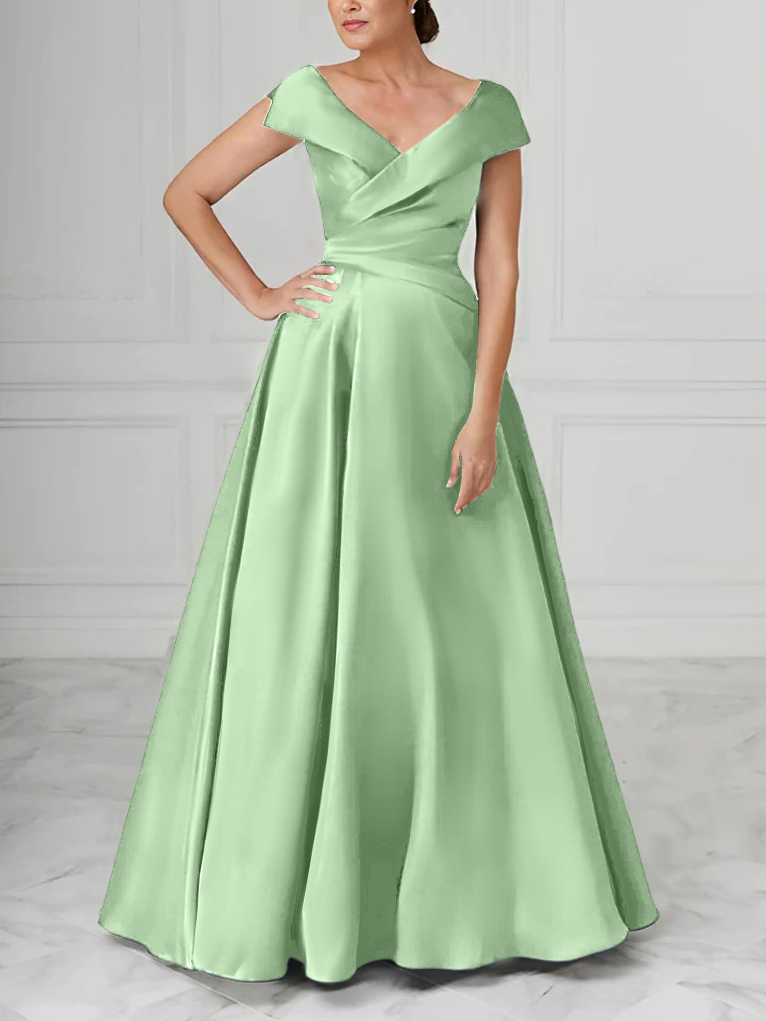 V Neck Satin A Line Mother of the Bride Dresses with Ruched Details