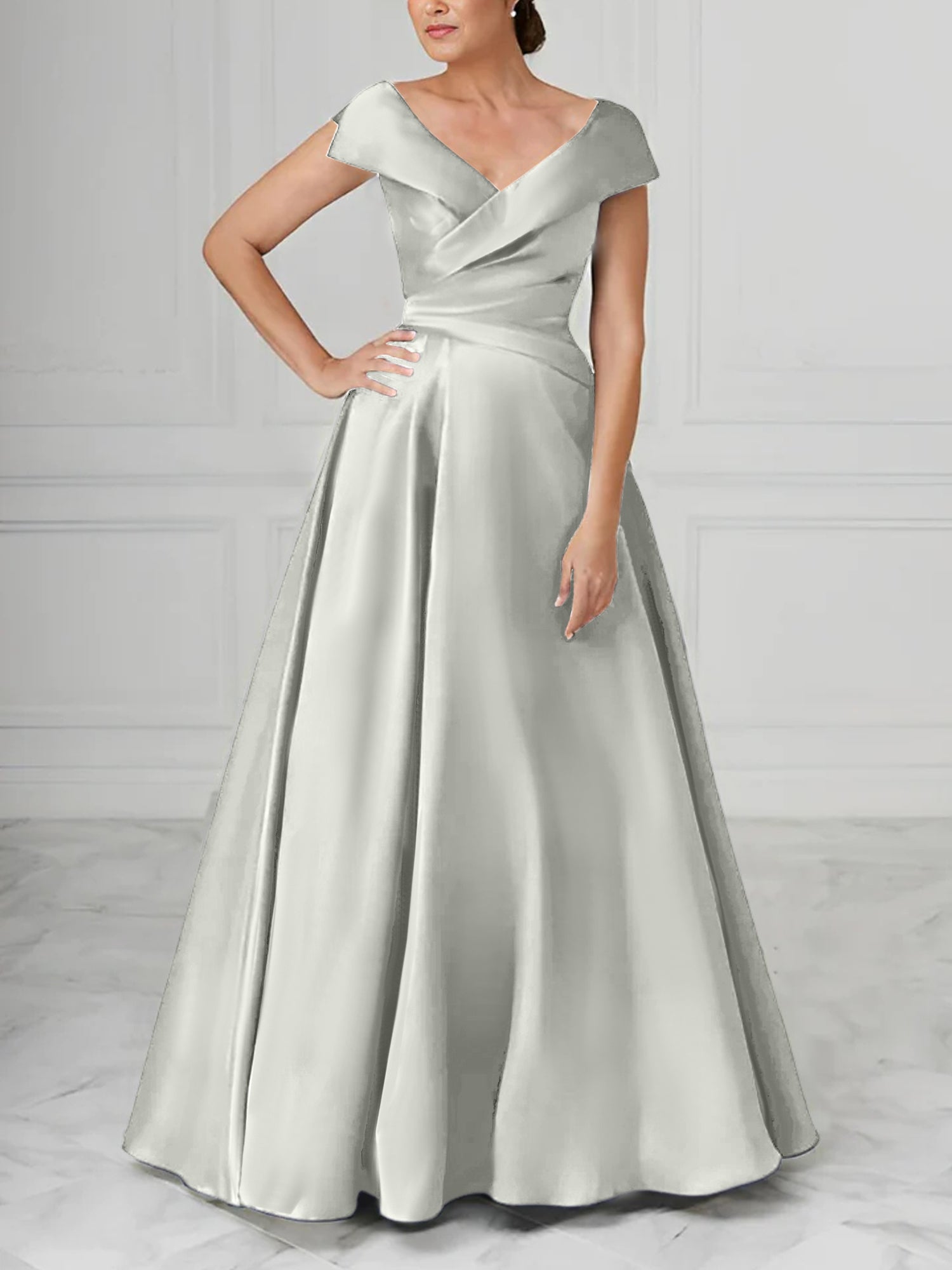 V Neck Satin A Line Mother of the Bride Dresses with Ruched Details
