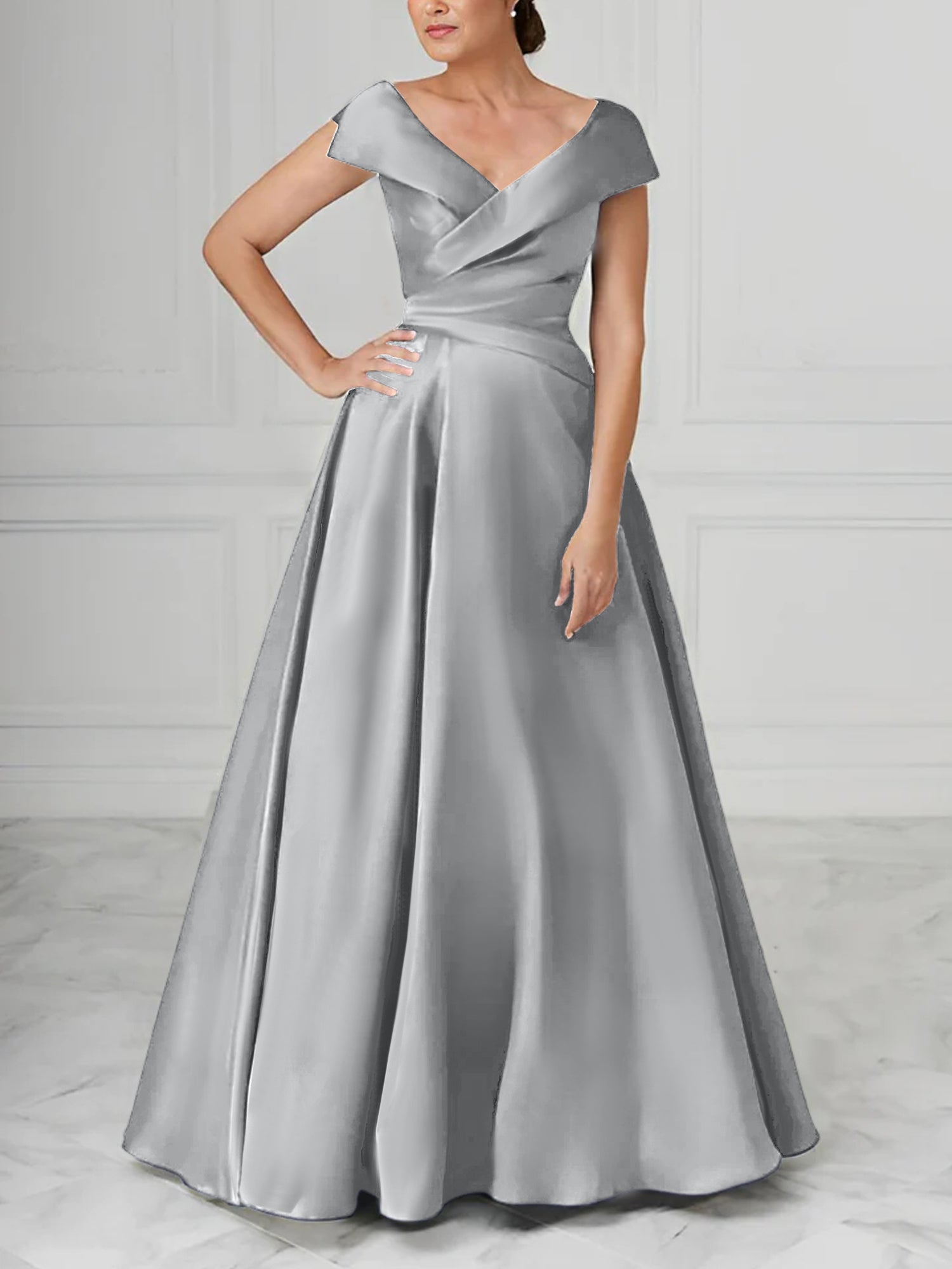 V Neck Satin A Line Mother of the Bride Dresses with Ruched Details