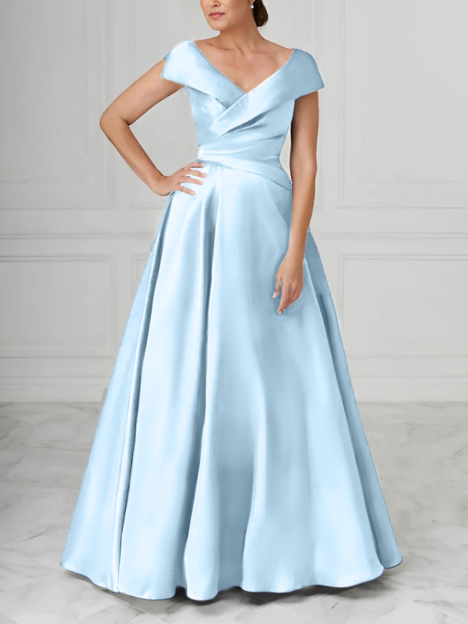 V Neck Satin A Line Mother of the Bride Dresses with Ruched Details