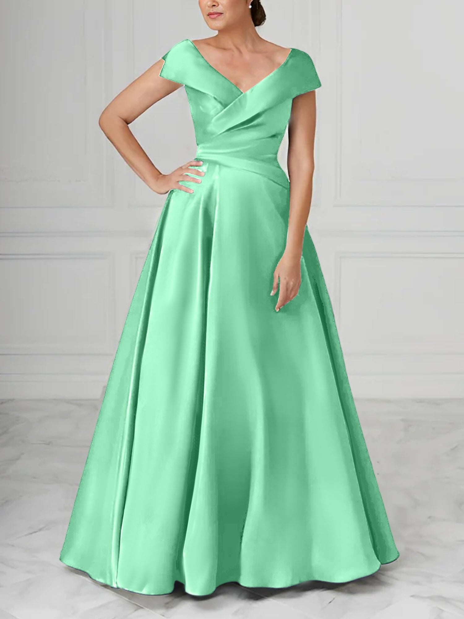 V Neck Satin A Line Mother of the Bride Dresses with Ruched Details