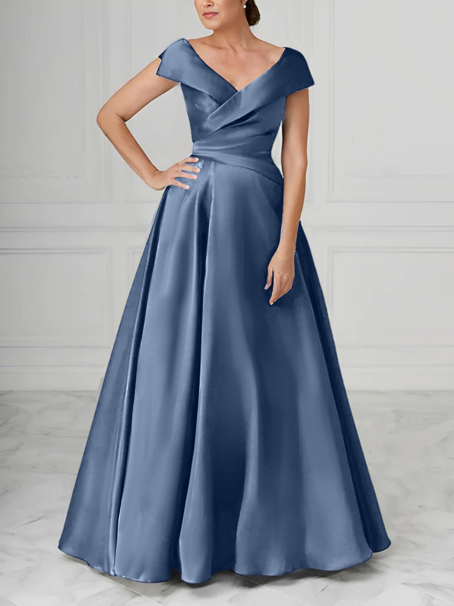 V Neck Satin A Line Mother of the Bride Dresses with Ruched Details