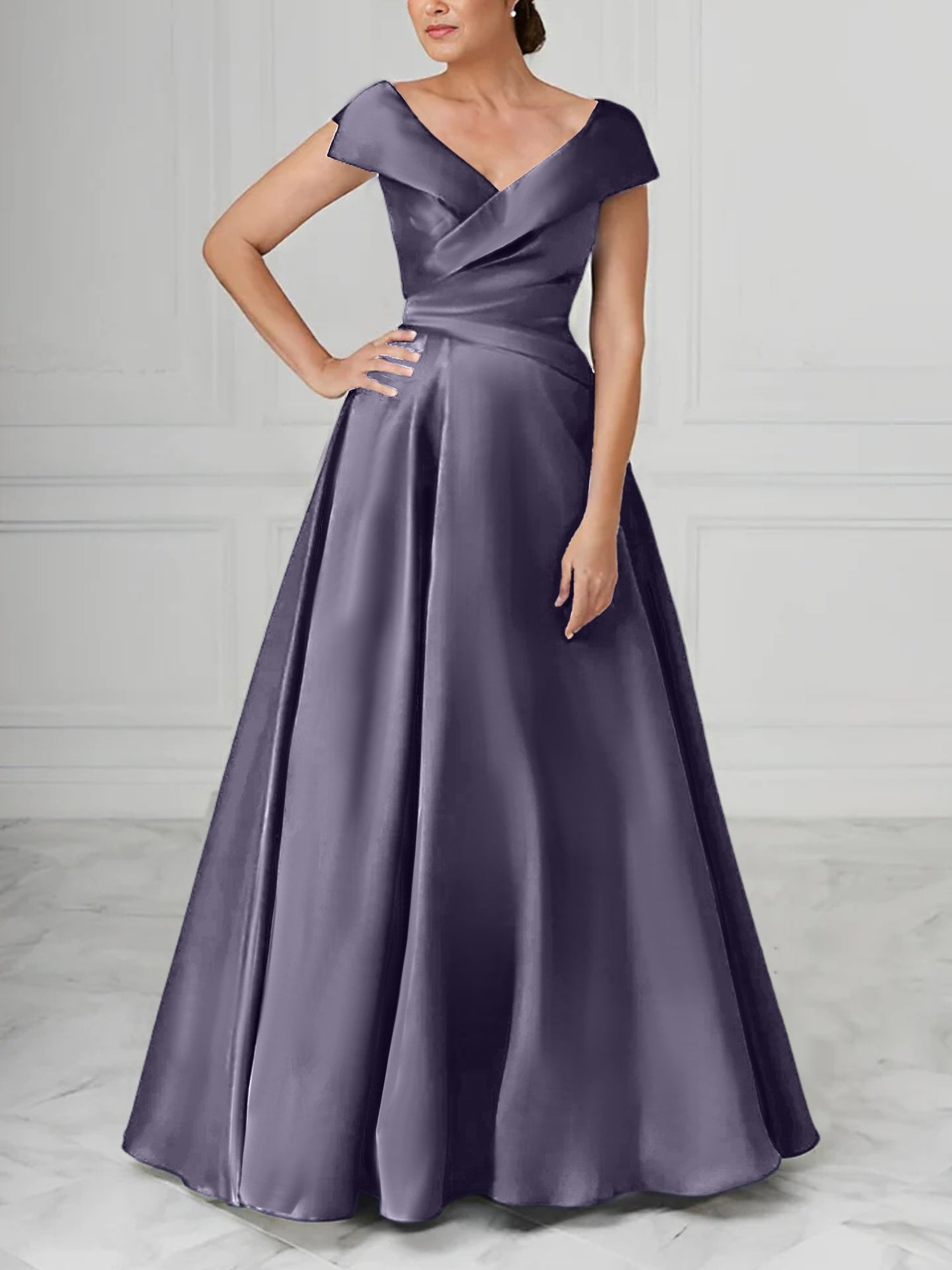 V Neck Satin A Line Mother of the Bride Dresses with Ruched Details