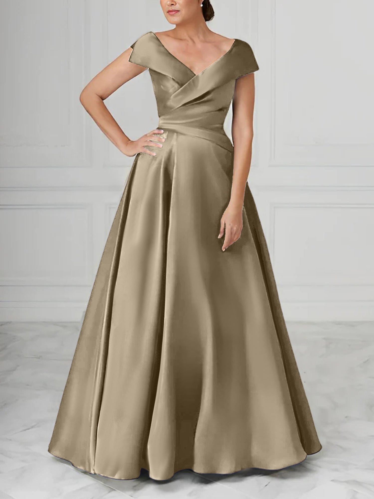 V Neck Satin A Line Mother of the Bride Dresses with Ruched Details