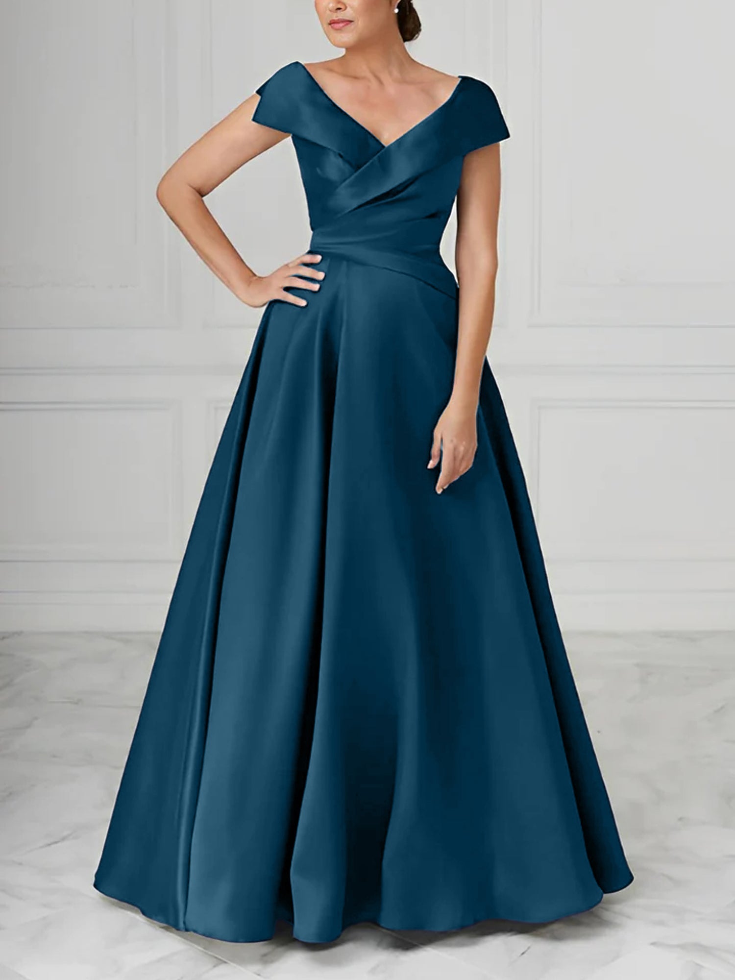 V Neck Satin A Line Mother of the Bride Dresses with Ruched Details