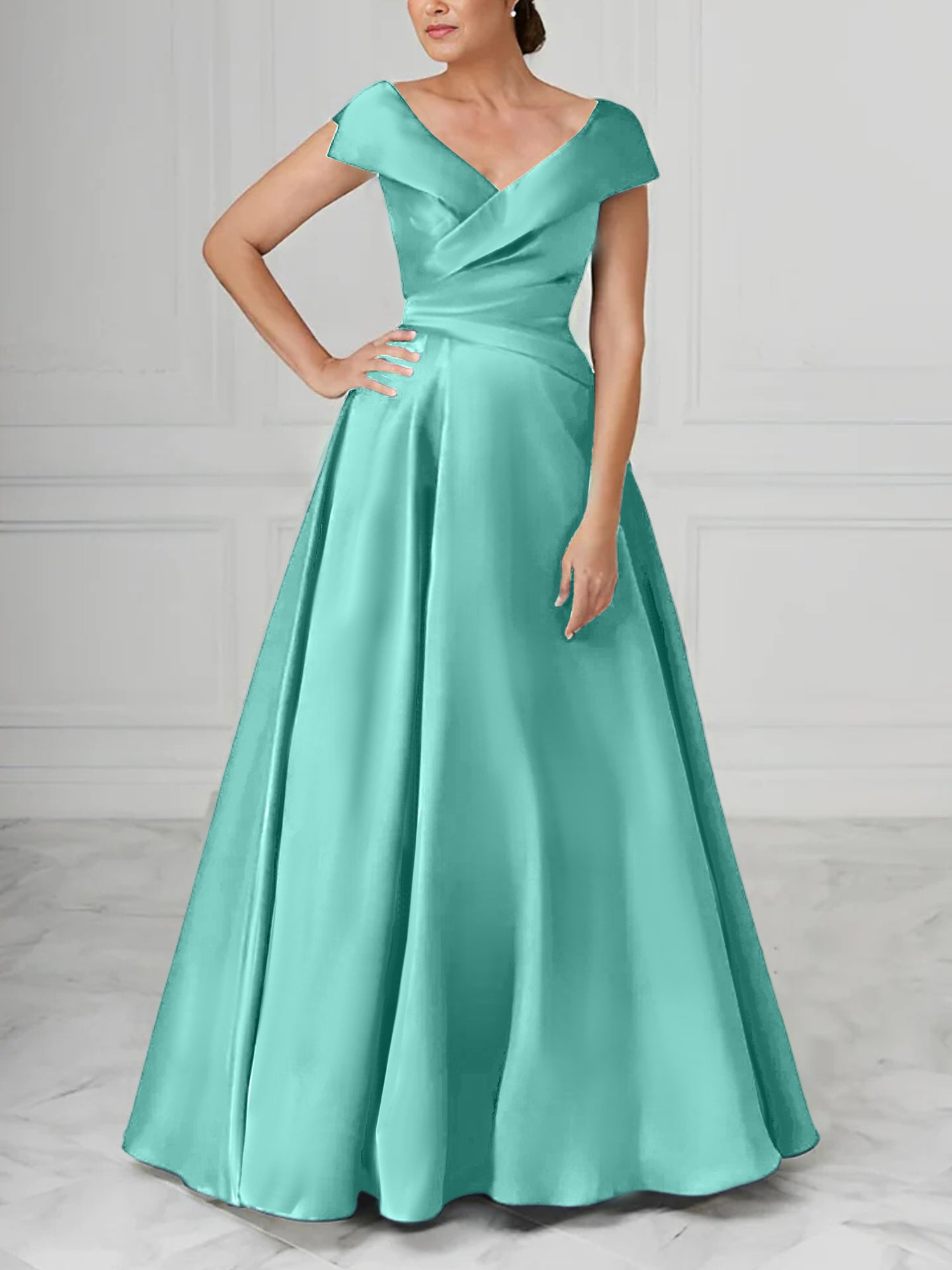 V Neck Satin A Line Mother of the Bride Dresses with Ruched Details