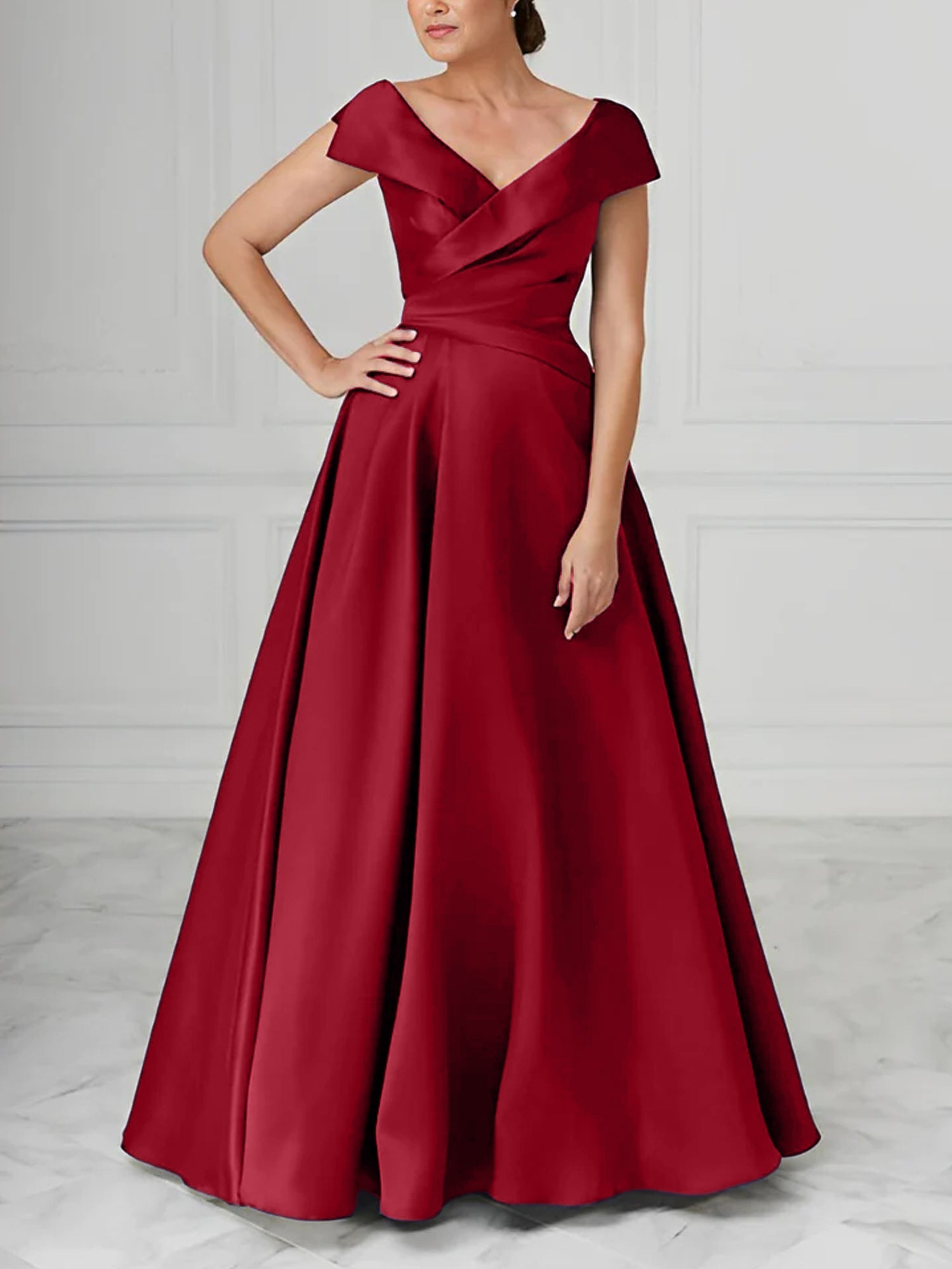 V Neck Satin A Line Mother of the Bride Dresses with Ruched Details