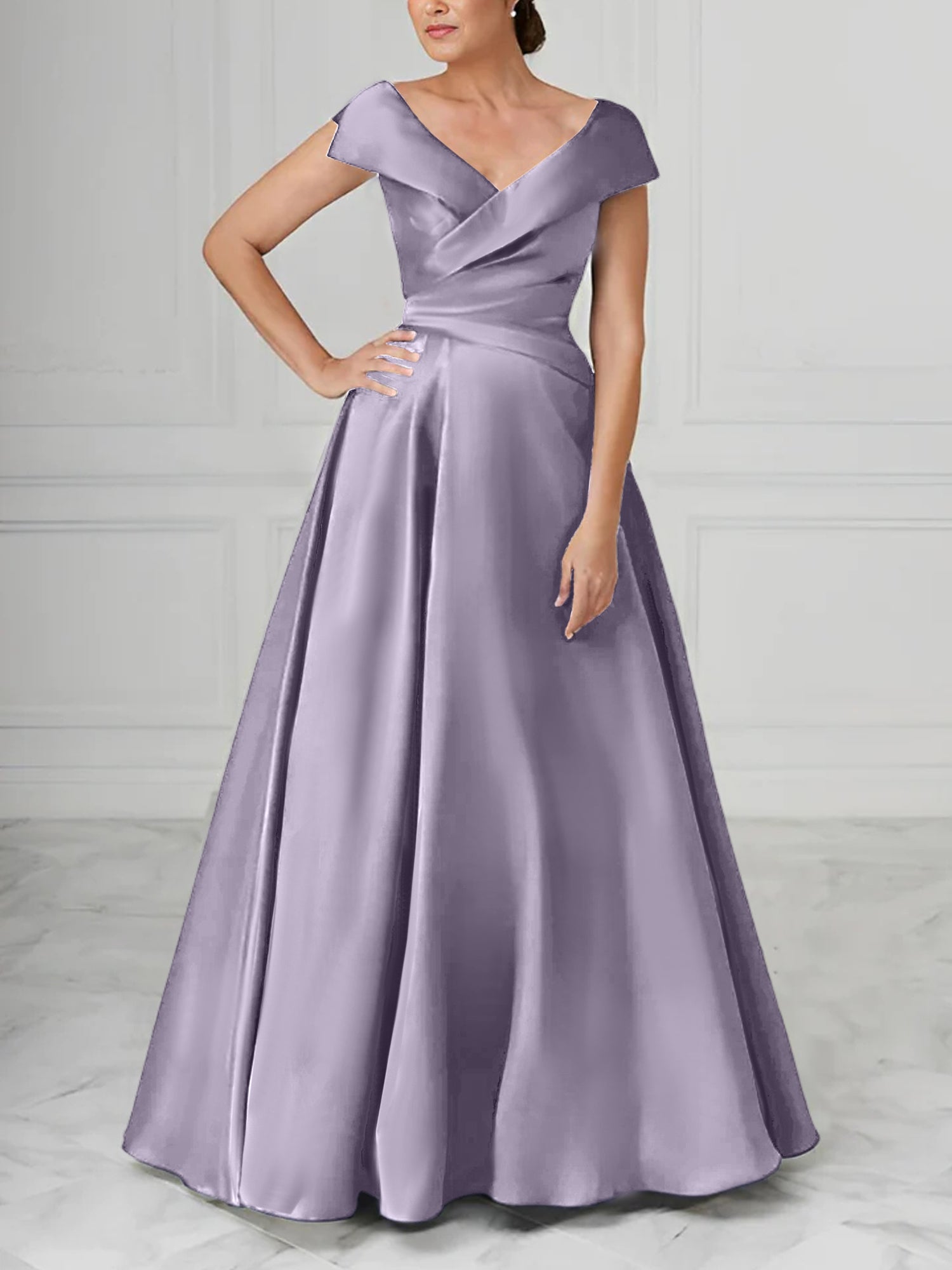 V Neck Satin A Line Mother of the Bride Dresses with Ruched Details