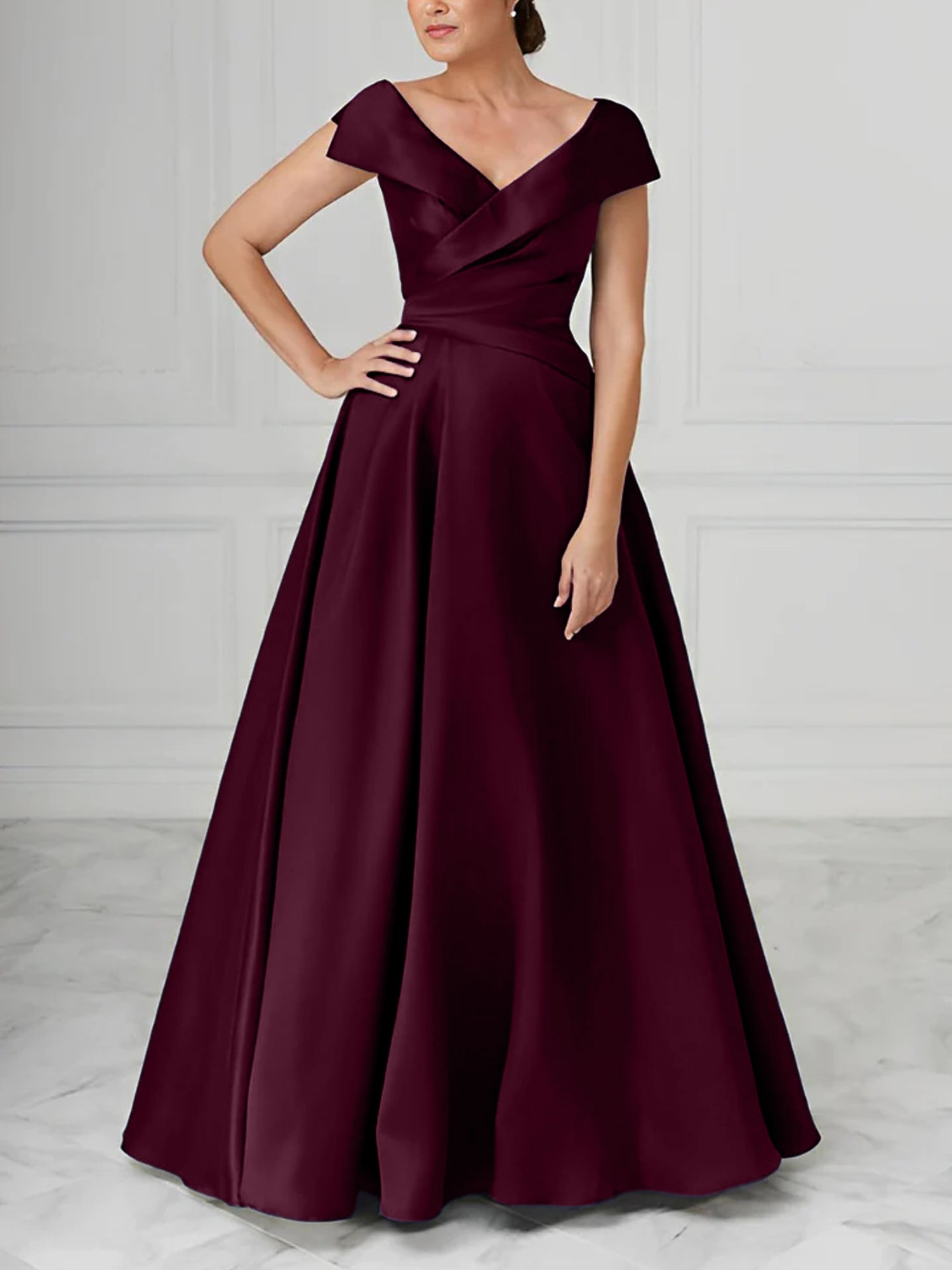 V Neck Satin A Line Mother of the Bride Dresses with Ruched Details