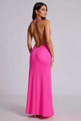 V-Neck Satin Fuchsia Wedding Guest Dress Mermaid Long Formal Dress With Slit