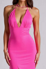 V-Neck Satin Fuchsia Wedding Guest Dress Mermaid Long Formal Dress With Slit