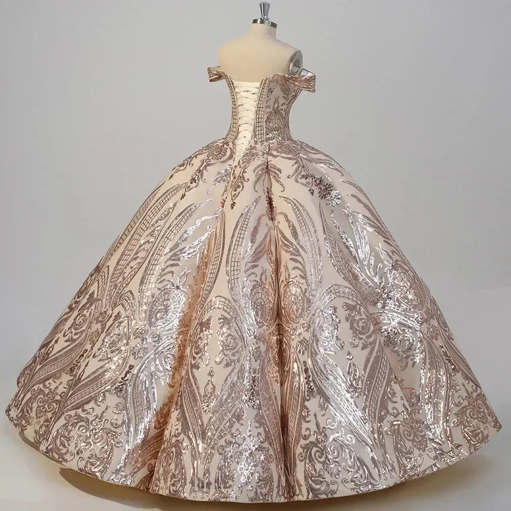 V-Neck Sequin Off The Shoulder Quinceanera Dress Ball Gown Sweep Train Princess Party Prom Dress