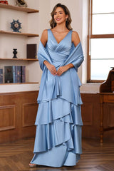 V Neck Sleeveless A Line Long Mother of the Bride Dress With Ruffles & Wrap