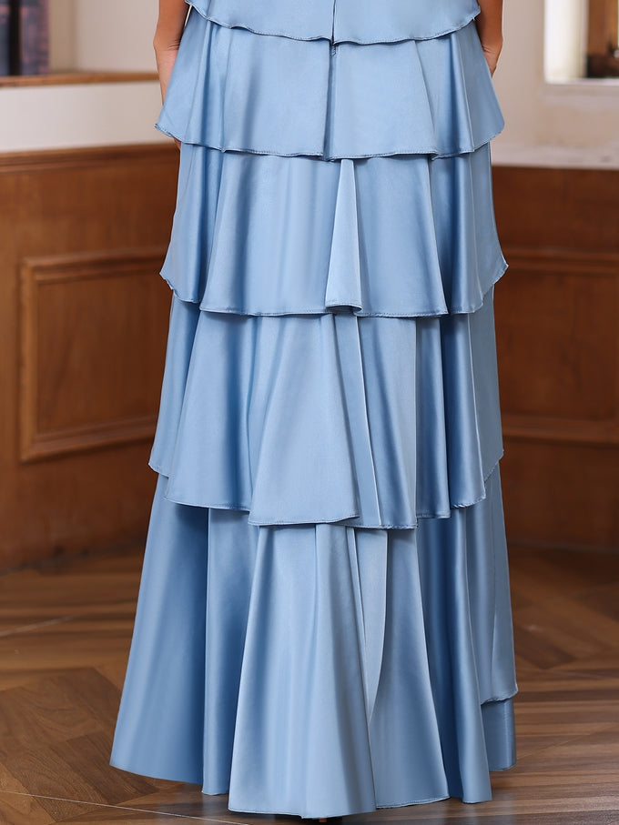 V Neck Sleeveless A Line Long Mother of the Bride Dress With Ruffles & Wrap