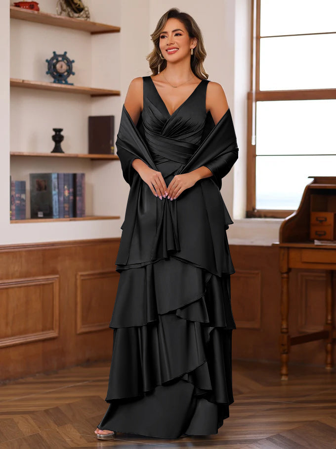 V Neck Sleeveless A Line Long Mother of the Bride Dress With Ruffles & Wrap
