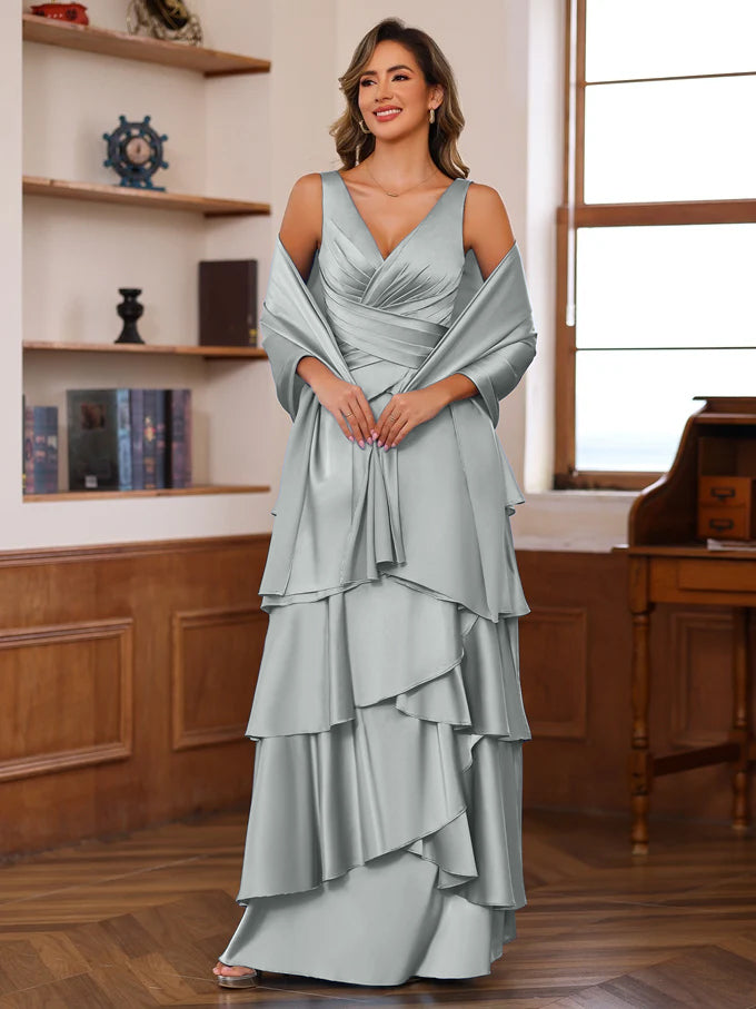 V Neck Sleeveless A Line Long Mother of the Bride Dress With Ruffles & Wrap