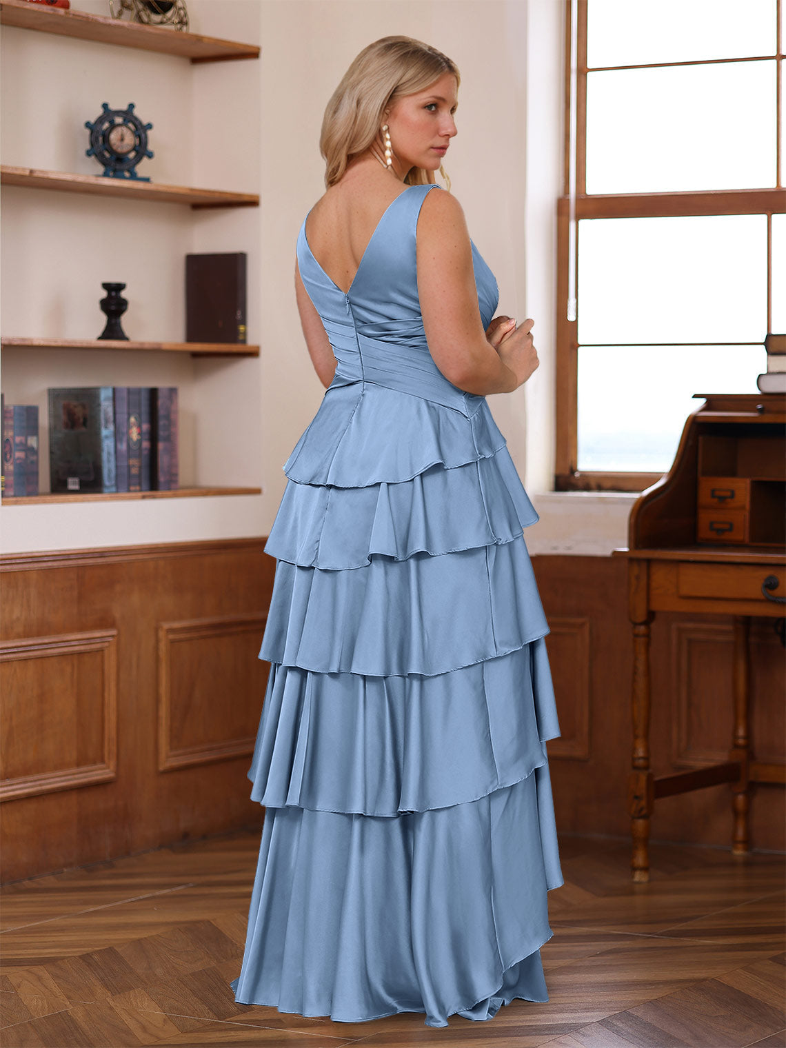 V Neck Sleeveless A Line Long Mother of the Bride Dress With Ruffles & Wrap