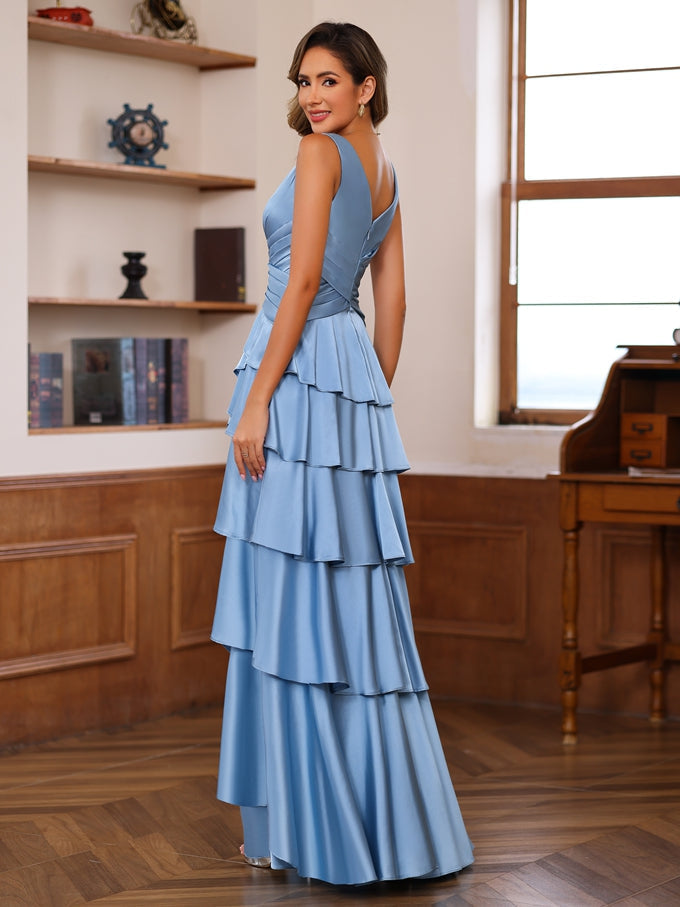 V Neck Sleeveless A Line Long Mother of the Bride Dress With Ruffles & Wrap