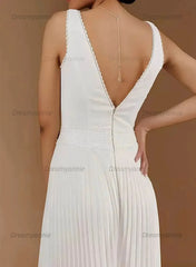V Neck Sleeveless Floor Length Chiffon Wedding Jumpsuit with Pleats