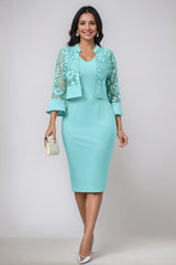 V Neck Tea Length Mother of the Bride Sheath Column Dresses with Appliques and Jacket