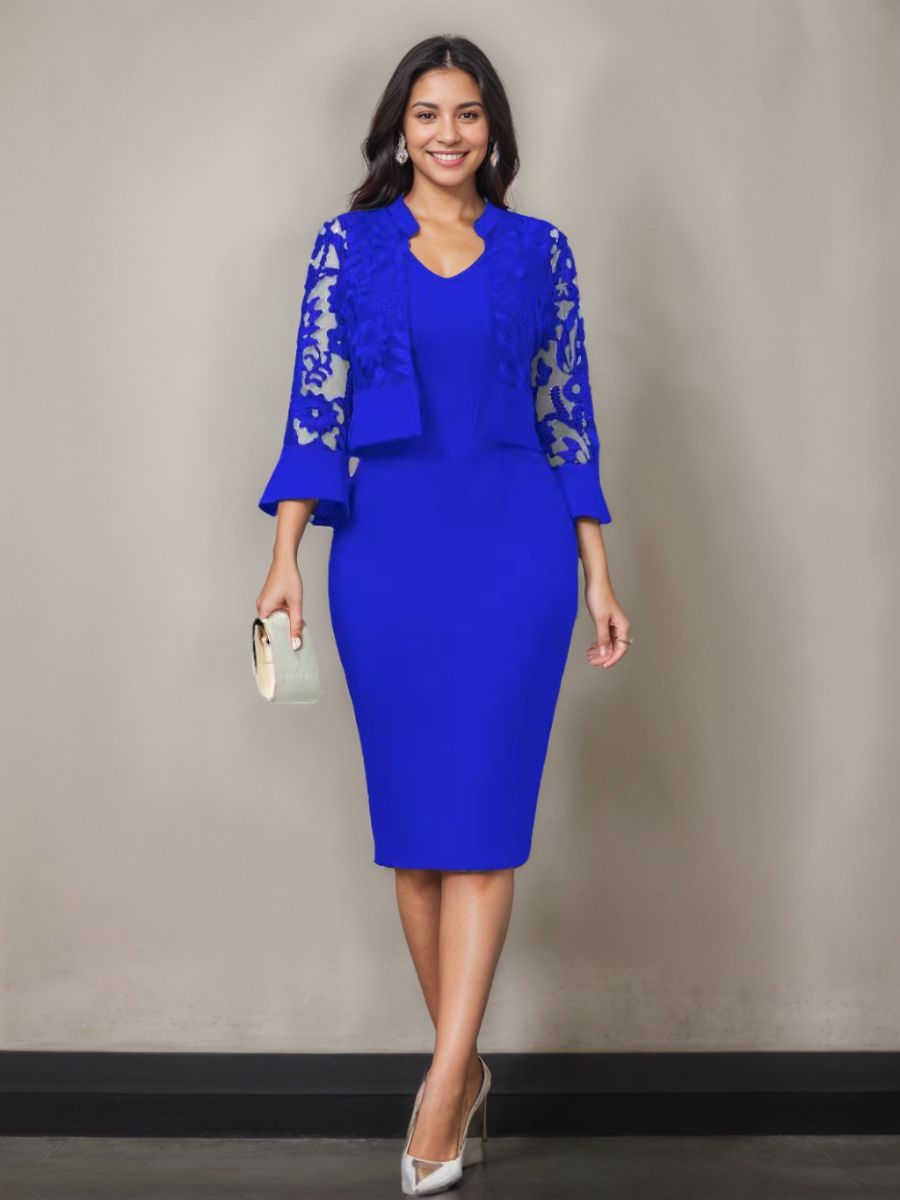 V Neck Tea Length Mother of the Bride Sheath Column Dresses with Appliques and Jacket