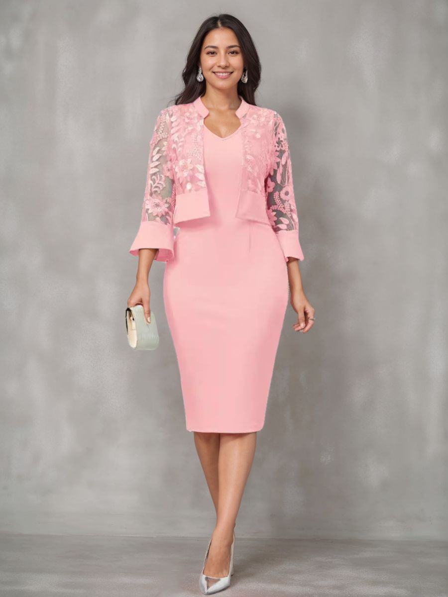 V Neck Tea Length Mother of the Bride Sheath Column Dresses with Appliques and Jacket