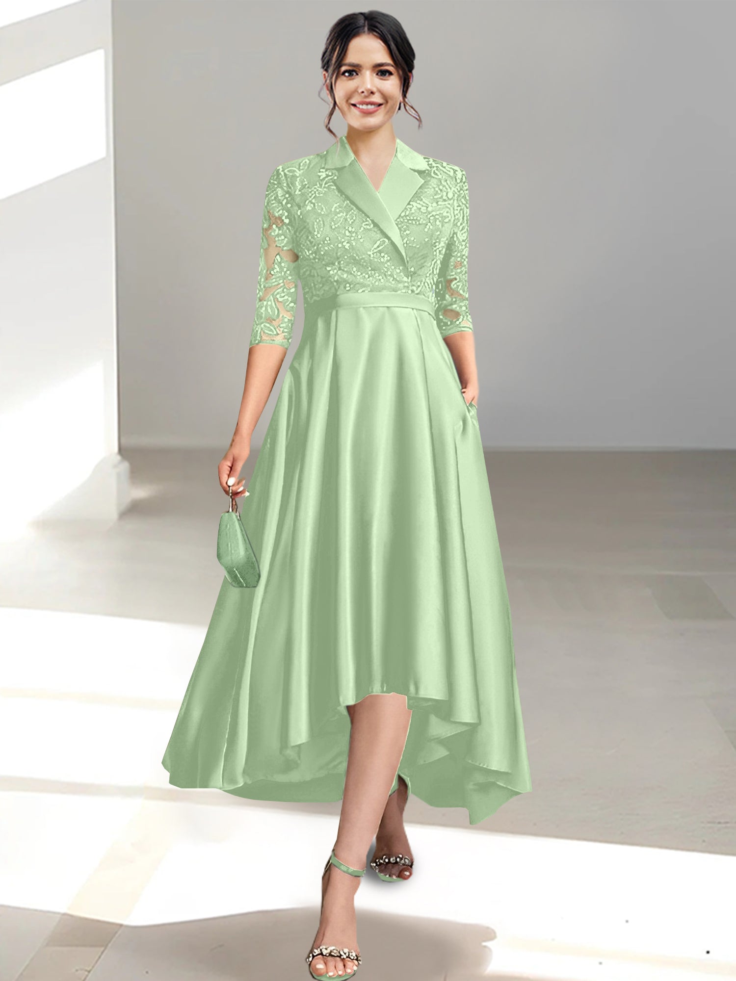 V Neck Tea Length Sheath Column Dresses for the Mother of the Bride