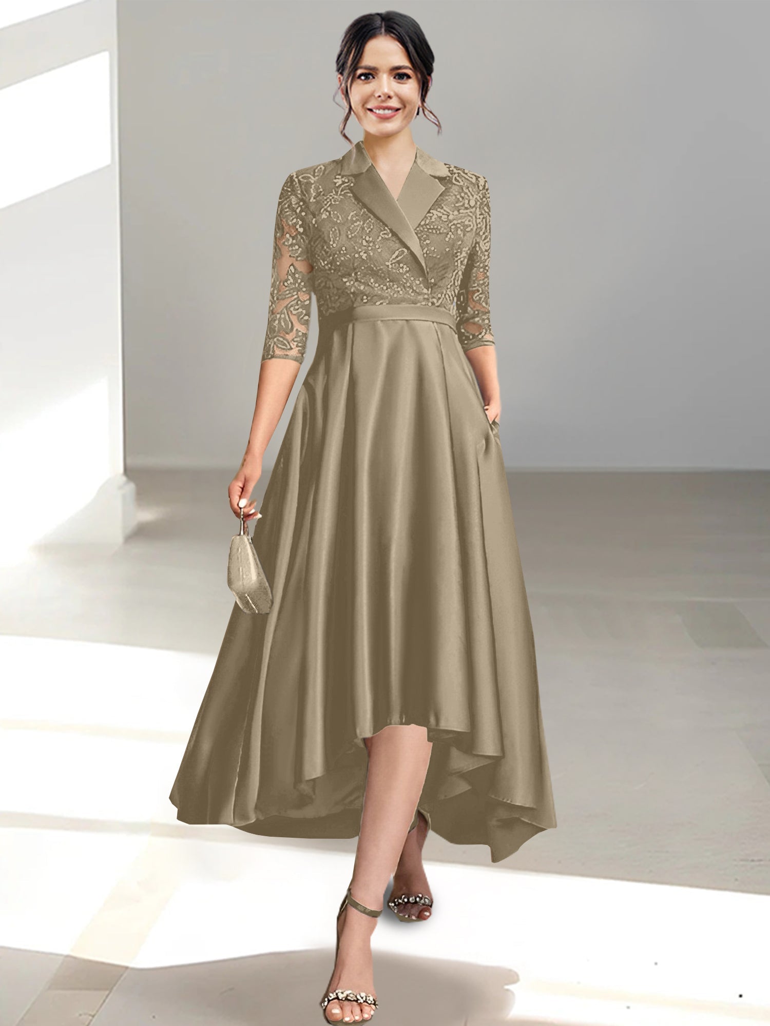 V Neck Tea Length Sheath Column Dresses for the Mother of the Bride