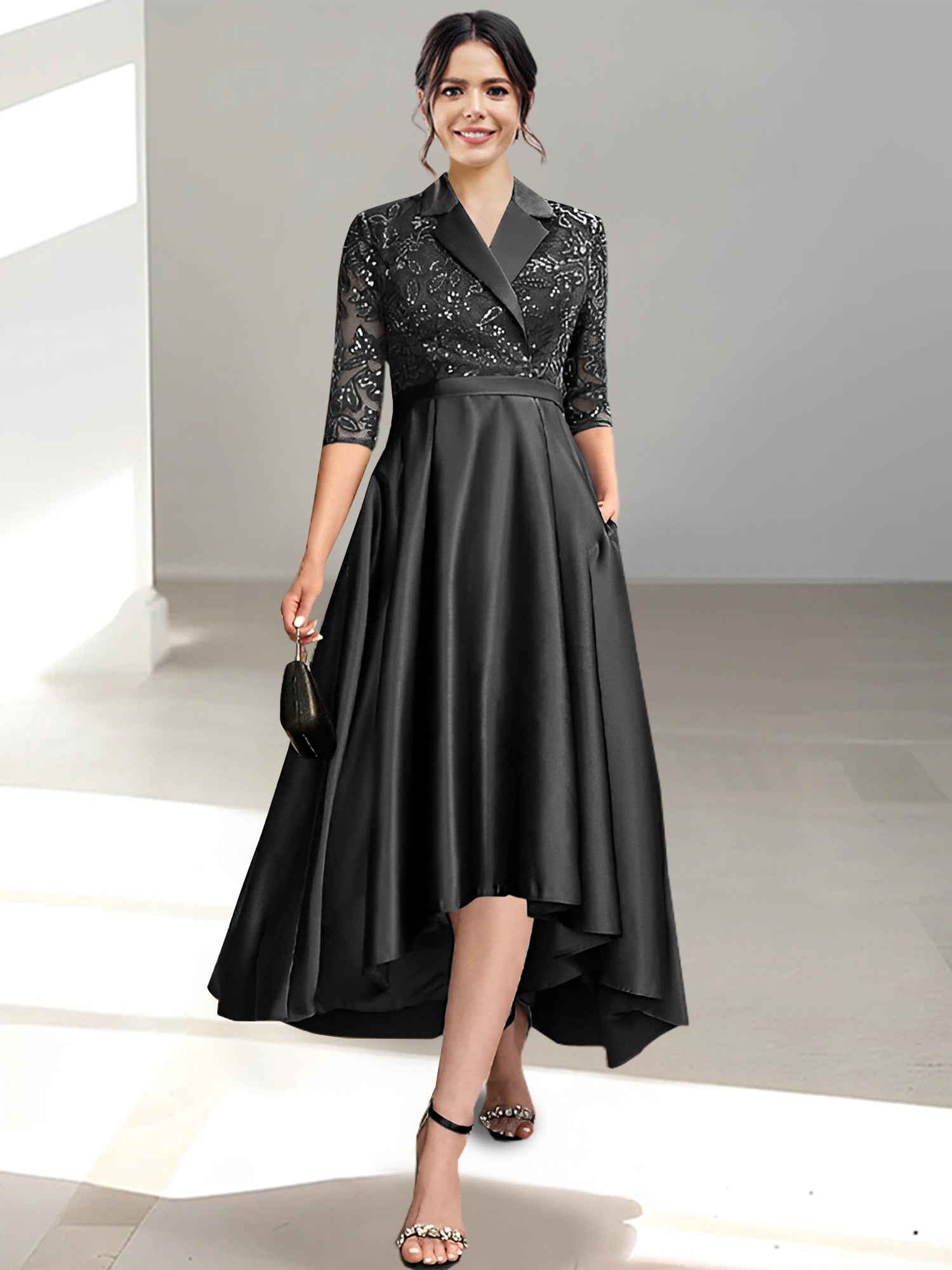 V Neck Tea Length Sheath Column Dresses for the Mother of the Bride