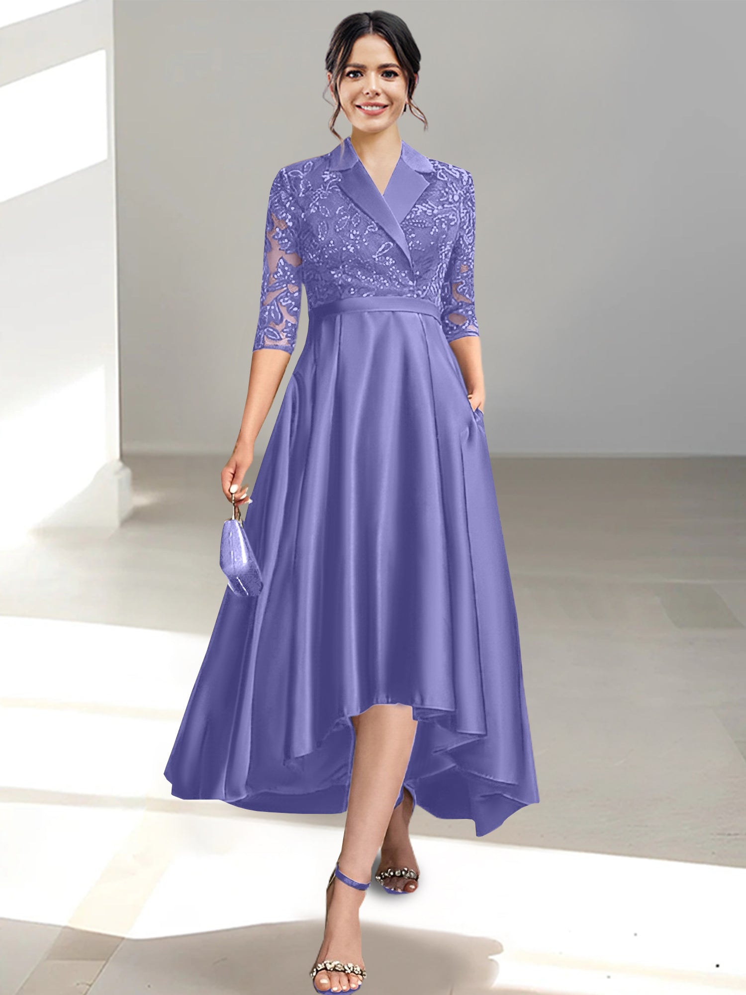 V Neck Tea Length Sheath Column Dresses for the Mother of the Bride