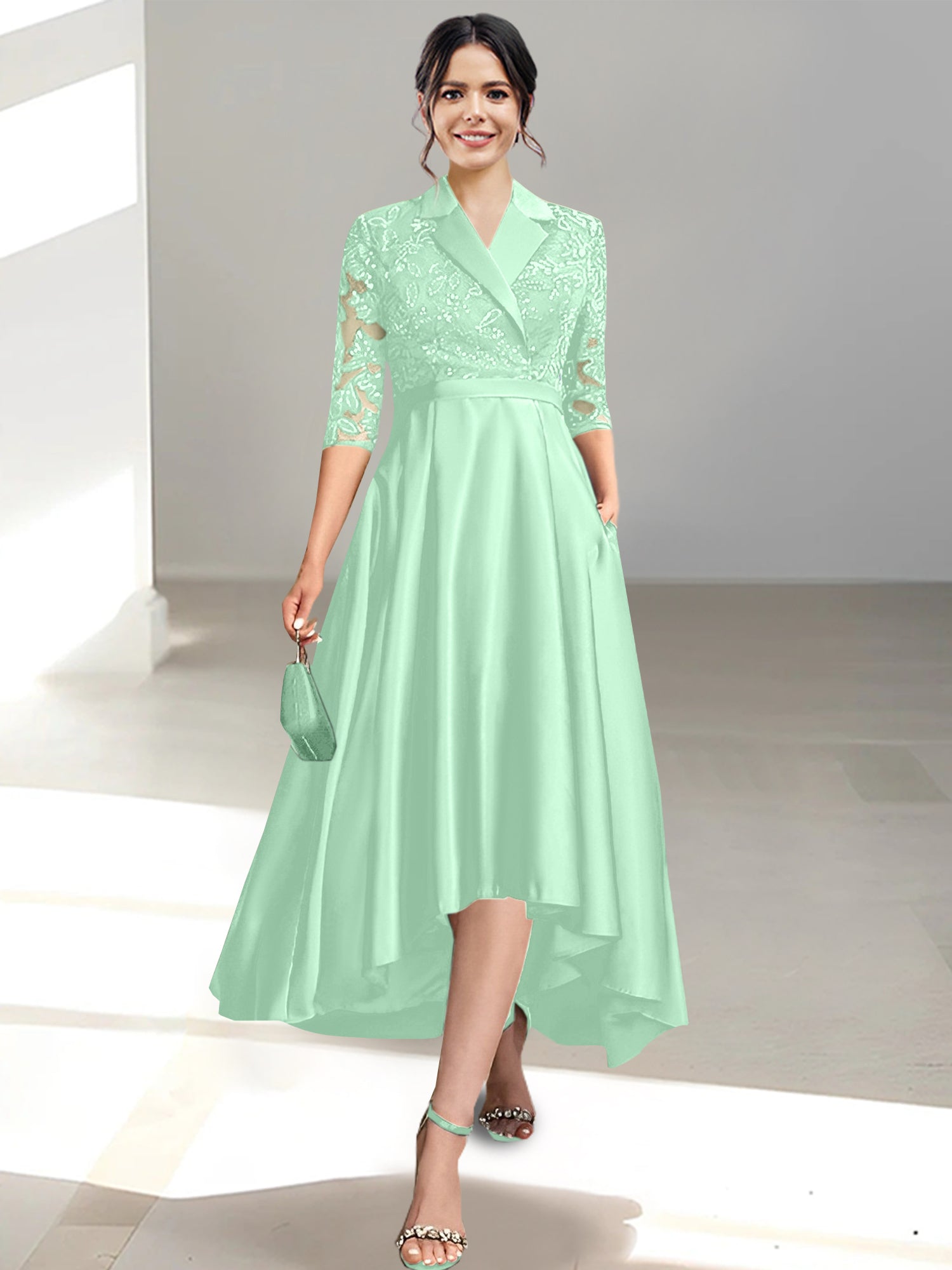 V Neck Tea Length Sheath Column Dresses for the Mother of the Bride