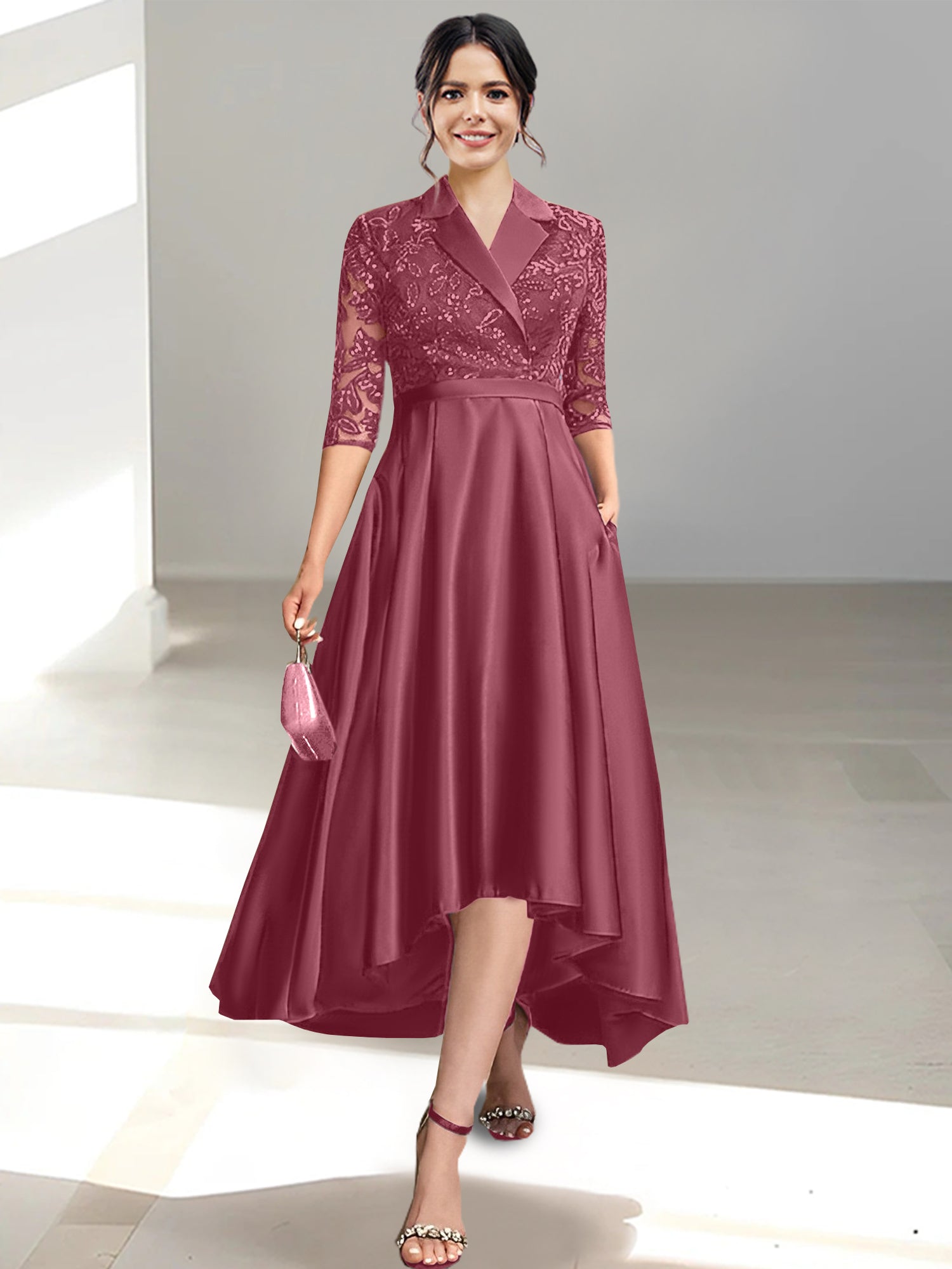 V Neck Tea Length Sheath Column Dresses for the Mother of the Bride