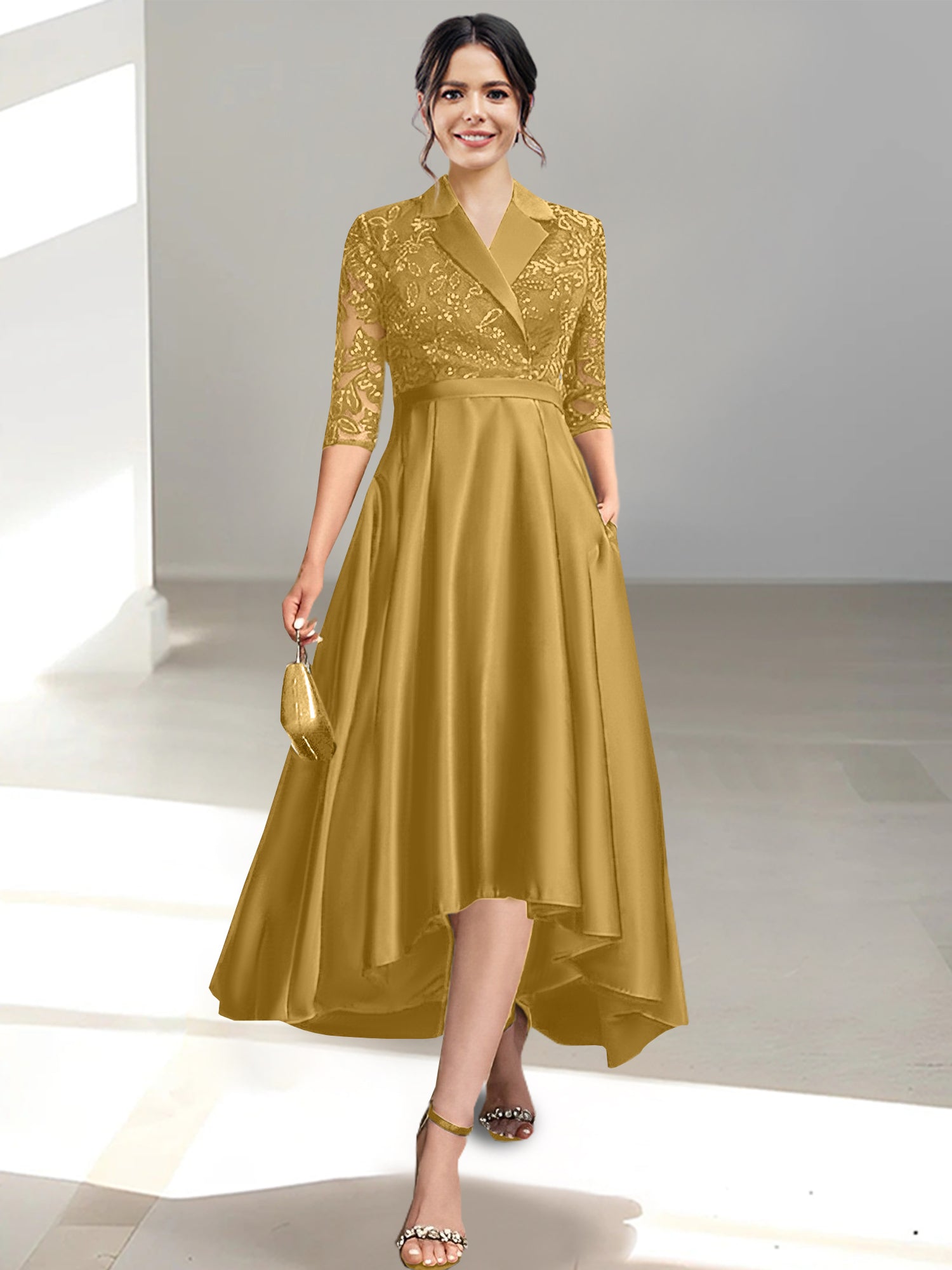 V Neck Tea Length Sheath Column Dresses for the Mother of the Bride
