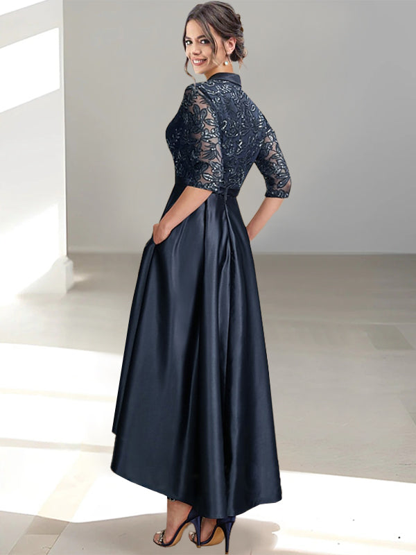 V Neck Tea Length Sheath Column Dresses for the Mother of the Bride