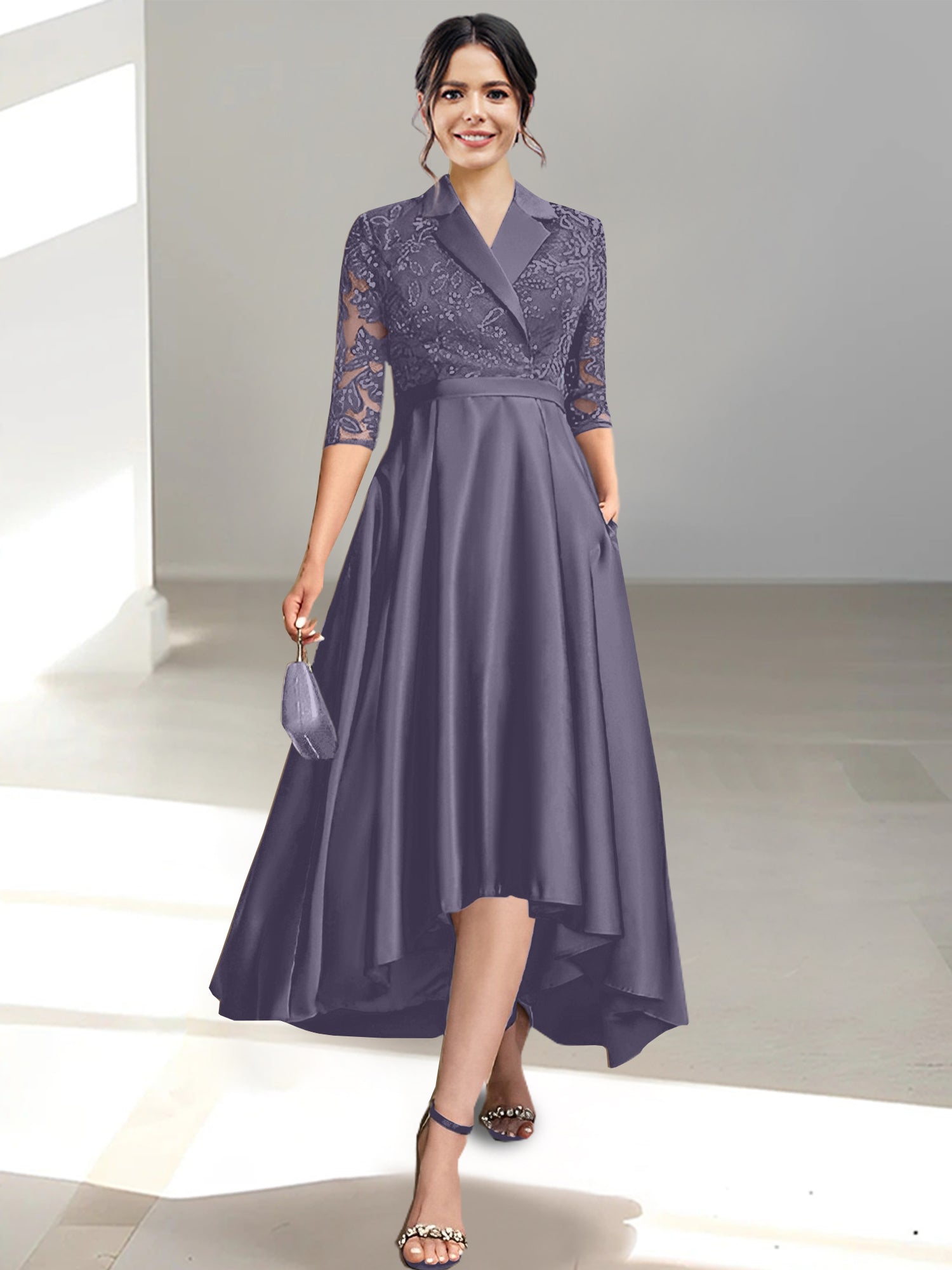 V Neck Tea Length Sheath Column Dresses for the Mother of the Bride