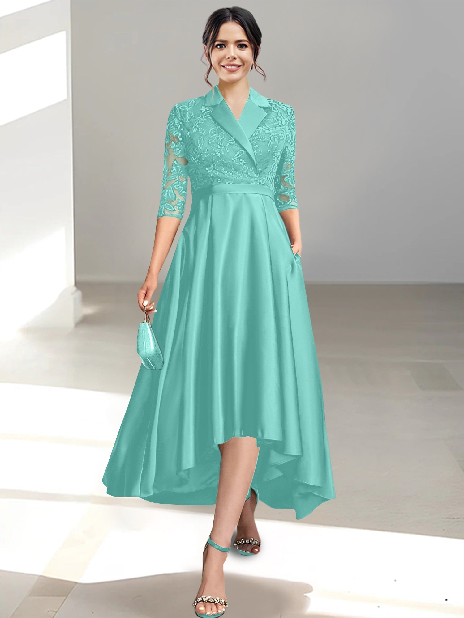 V Neck Tea Length Sheath Column Dresses for the Mother of the Bride